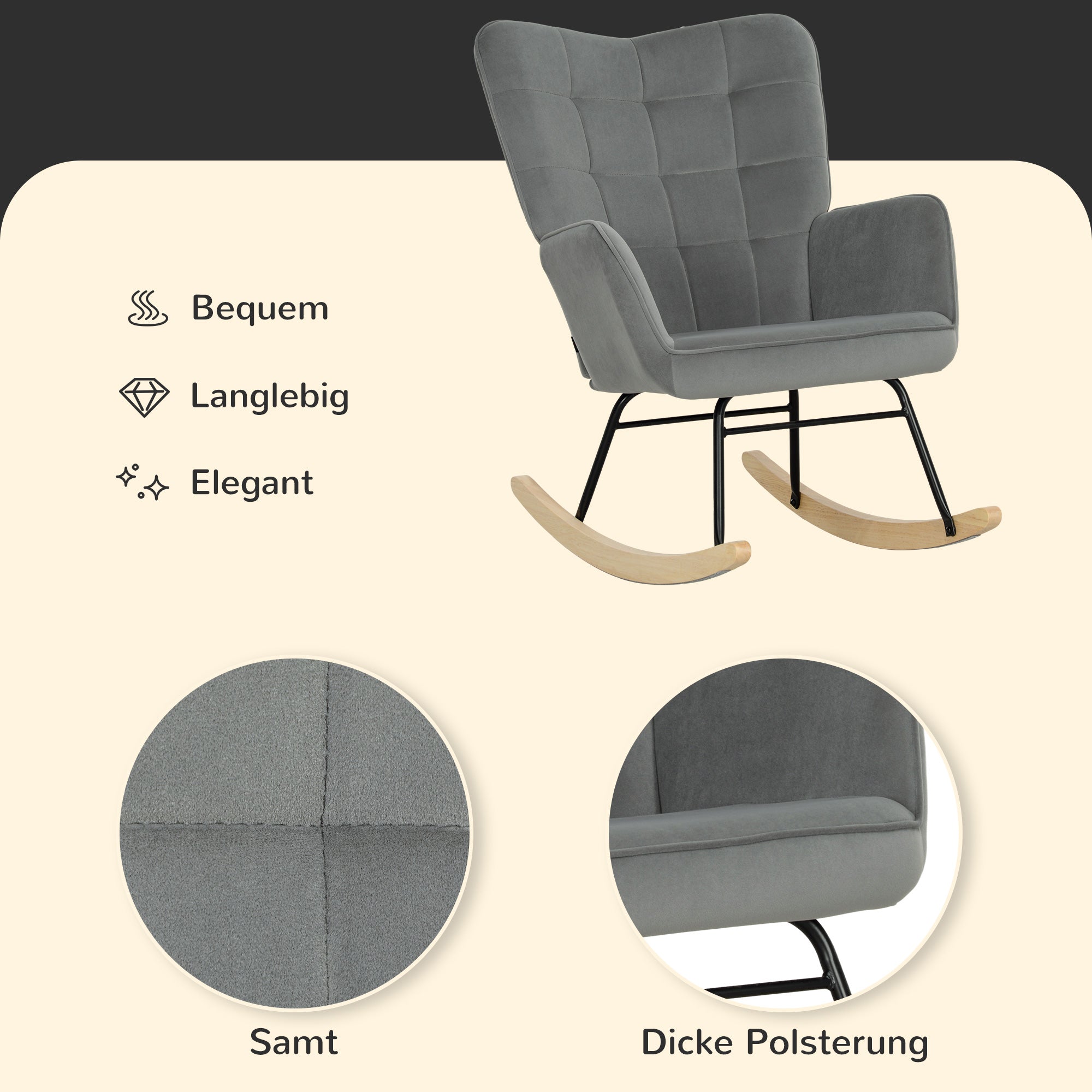 Schaukelstuhl, Schaukelsessel mit Samtoptik, Armlehne, Gepolsterter Sessel mit Holzkufen, Relaxsessel für Wohnzimmer, Schlafzimmer, bis 120kg belastbar, Dunkelgrau