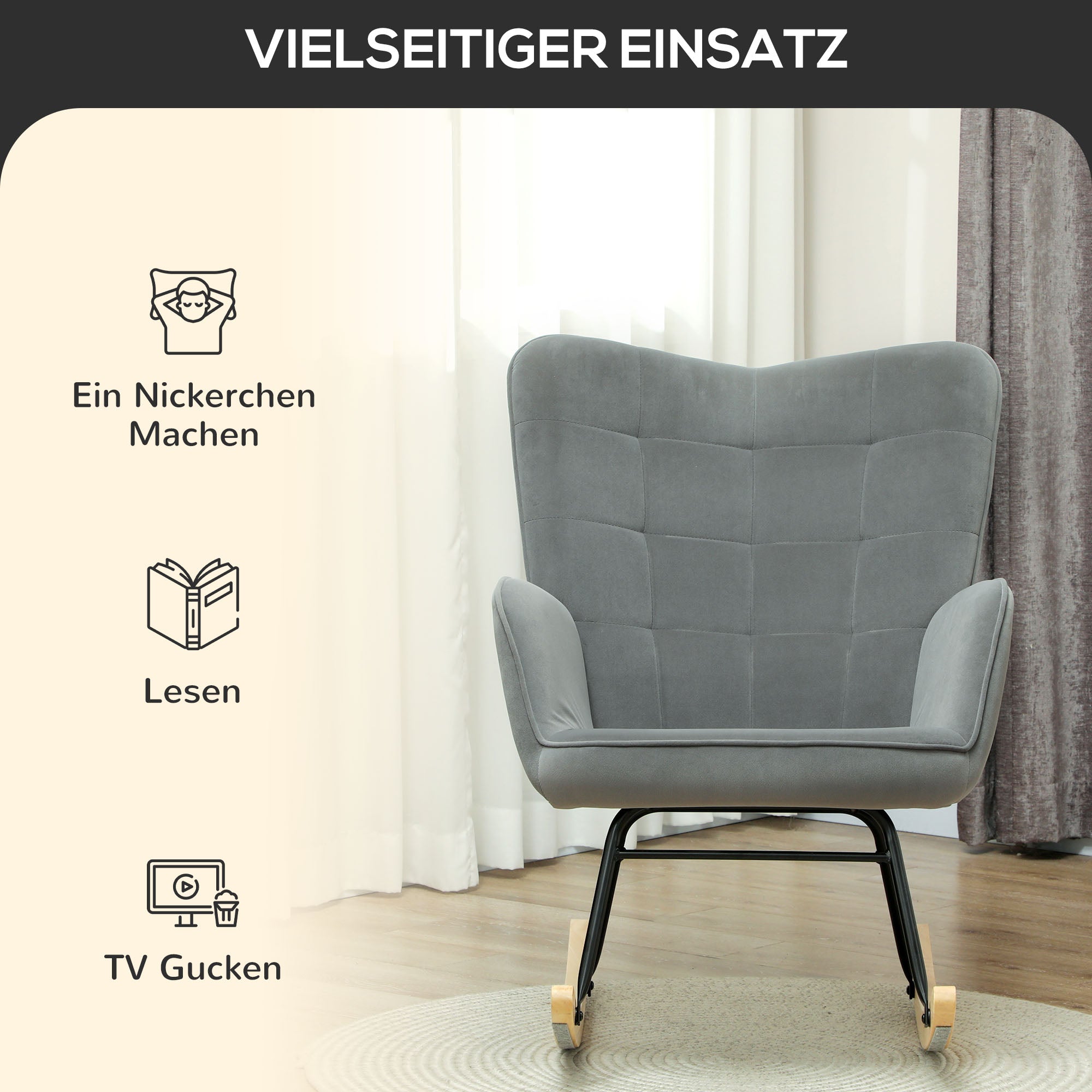 Schaukelstuhl, Schaukelsessel mit Samtoptik, Armlehne, Gepolsterter Sessel mit Holzkufen, Relaxsessel für Wohnzimmer, Schlafzimmer, bis 120kg belastbar, Dunkelgrau