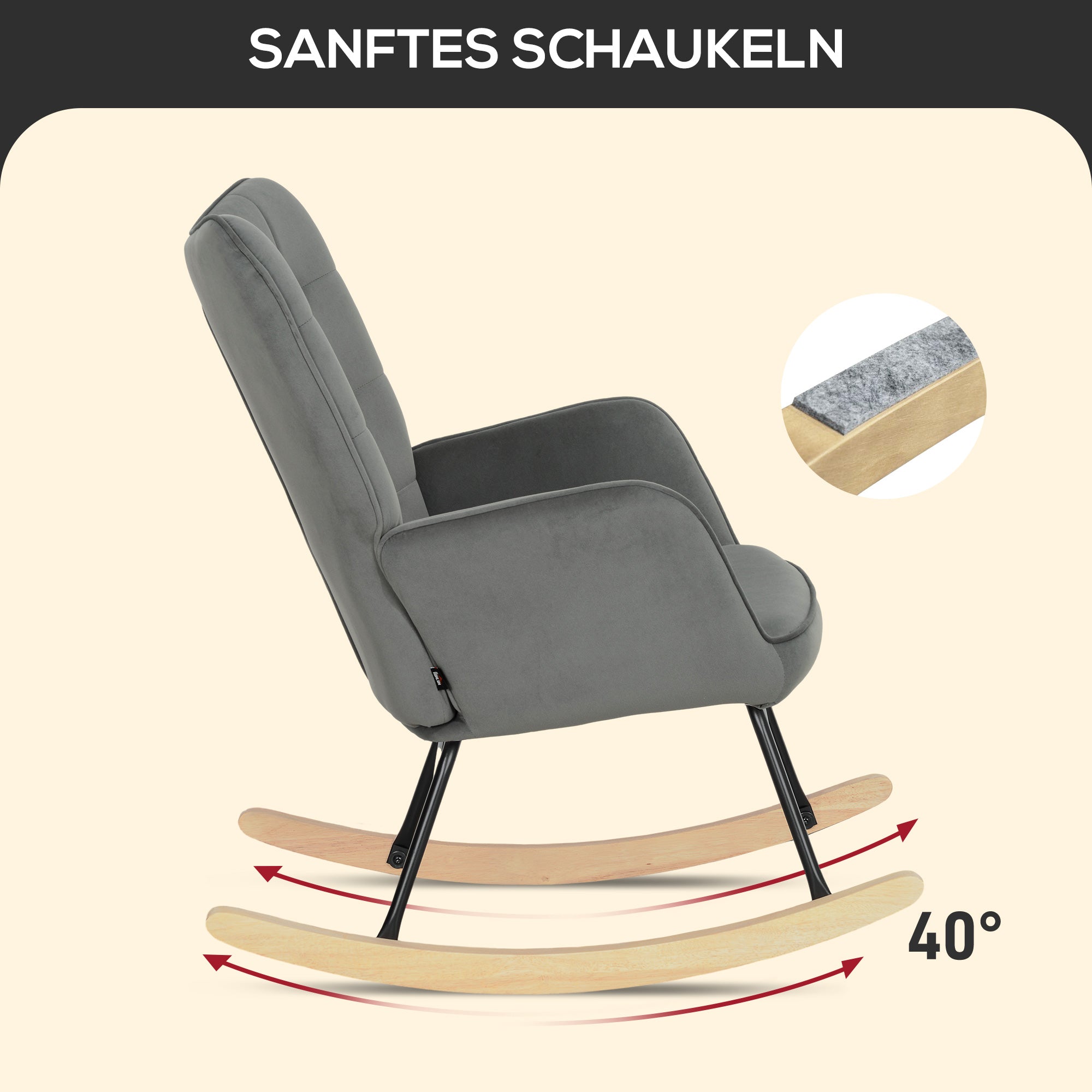 Schaukelstuhl, Schaukelsessel mit Samtoptik, Armlehne, Gepolsterter Sessel mit Holzkufen, Relaxsessel für Wohnzimmer, Schlafzimmer, bis 120kg belastbar, Dunkelgrau