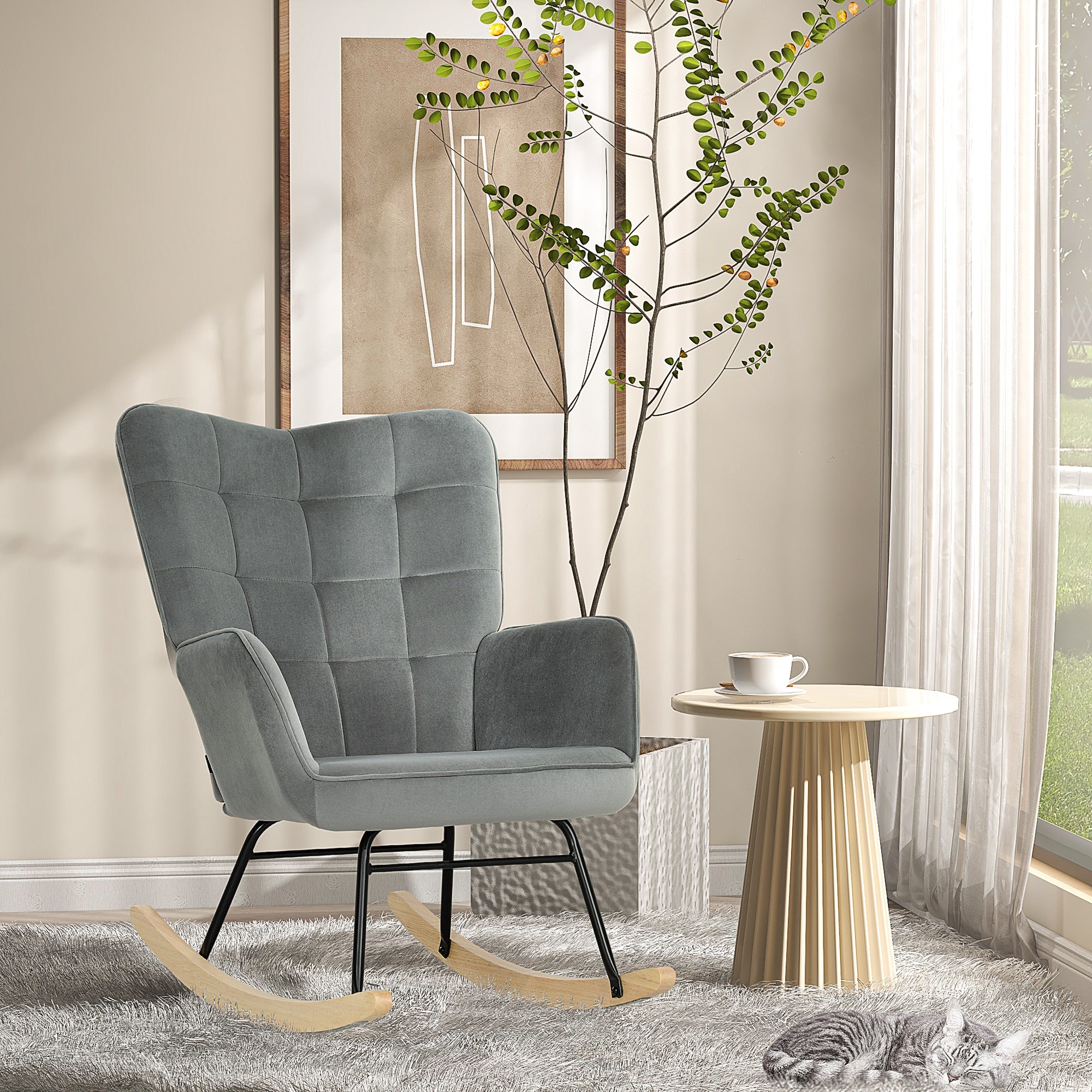 Schaukelstuhl, Schaukelsessel mit Samtoptik, Armlehne, Gepolsterter Sessel mit Holzkufen, Relaxsessel für Wohnzimmer, Schlafzimmer, bis 120kg belastbar, Dunkelgrau