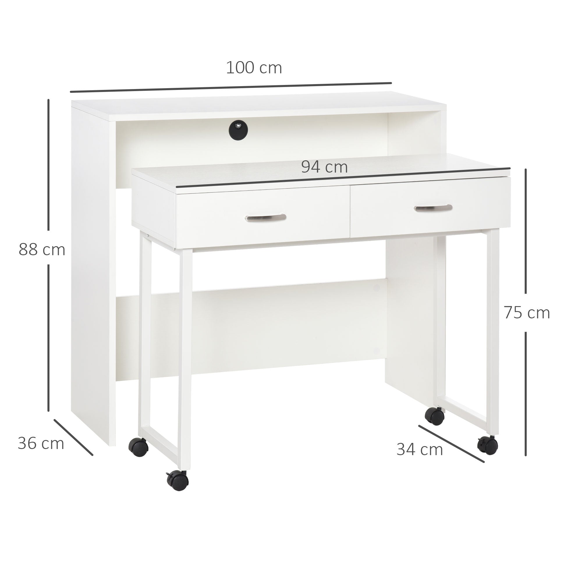 Stackable Desks Set of 2 Computer Desks with Wheels 2 Drawers for Office 100x36x88 cm White