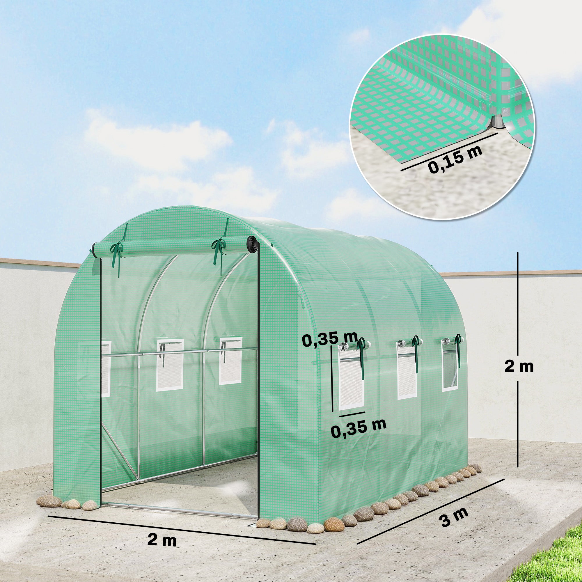 Tunnel Greenhouse 3 x 2 x 2 m with PE Cover, 2 Roll-Up Zip Doors & 6 Mesh Windows, Support Bars, Extended Hems, UV-Protected – Green