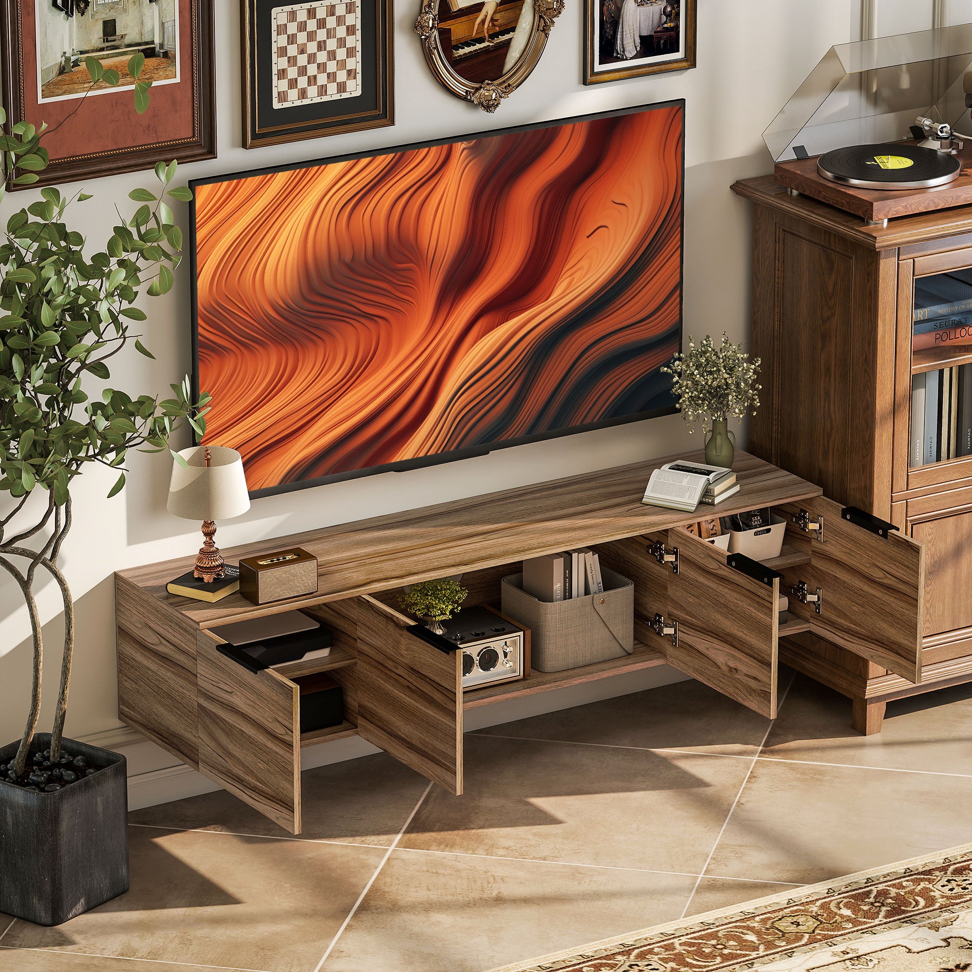 Wall Mounted TV Stand for 65" TVs, TV Cabinet with 3 Cabinets and Removable Shelves, for Living Room, Bedroom, and Lounge, 150x35x32 cm, Brown