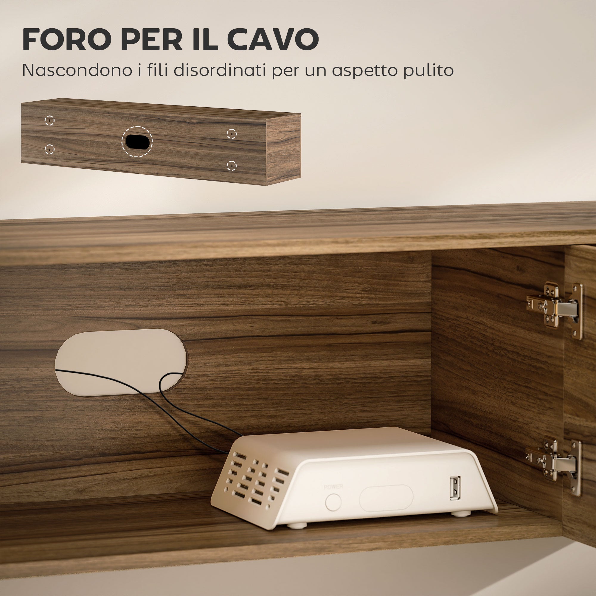 Wall Mounted TV Stand for 65" TVs, TV Cabinet with 3 Cabinets and Removable Shelves, for Living Room, Bedroom, and Lounge, 150x35x32 cm, Brown