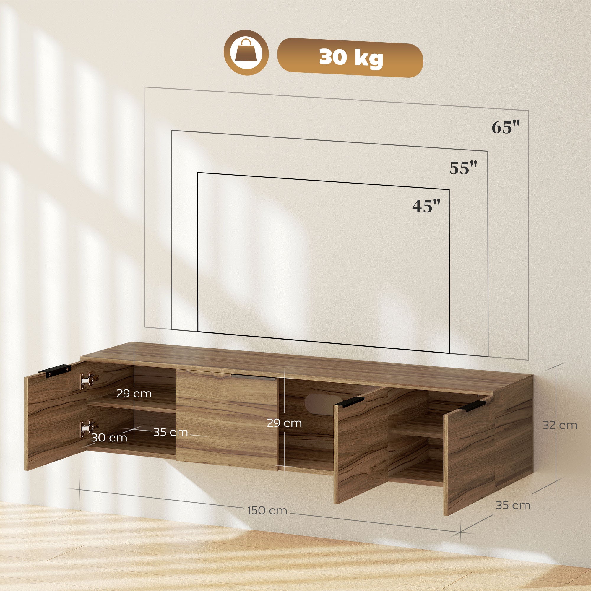 Wall Mounted TV Stand for 65" TVs, TV Cabinet with 3 Cabinets and Removable Shelves, for Living Room, Bedroom, and Lounge, 150x35x32 cm, Brown