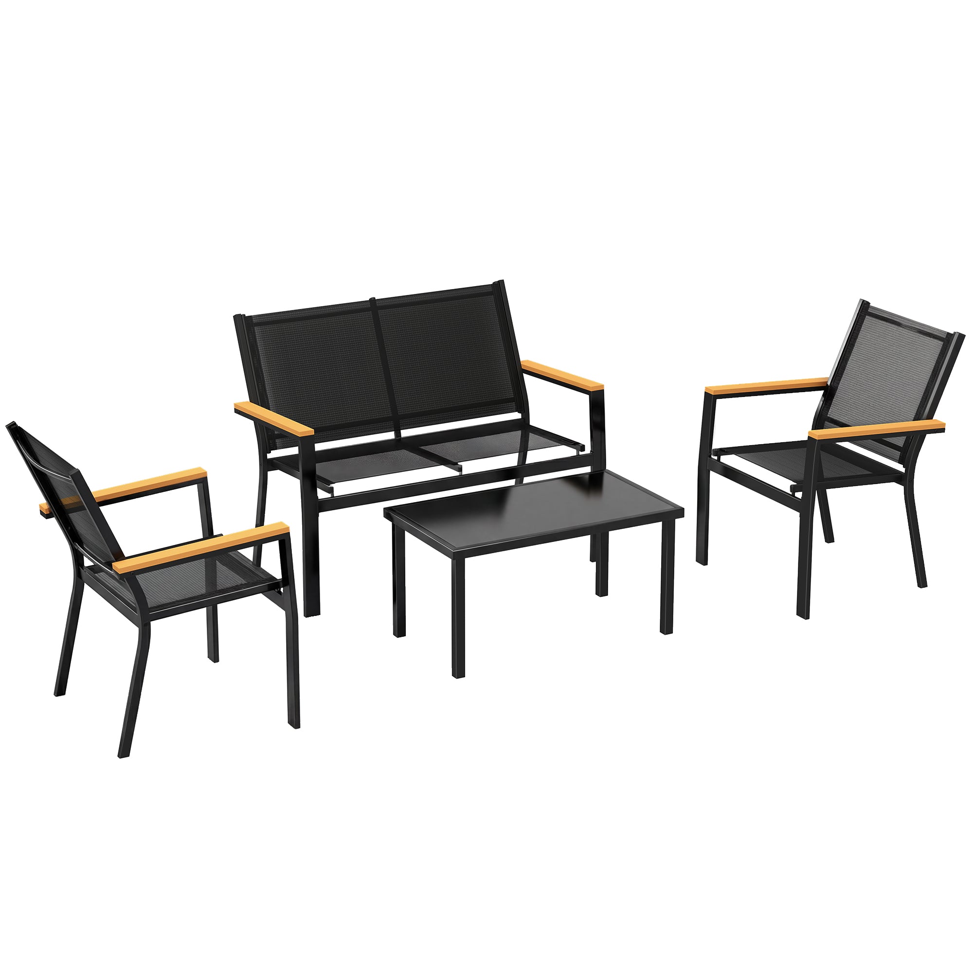 4-Piece Outdoor Patio Furniture Set — 2-Seat Sofa, 2 Armchairs & Tempered Glass Coffee Table, Textilene Fabric, Wide Composite Wood-Look Armrests, Black