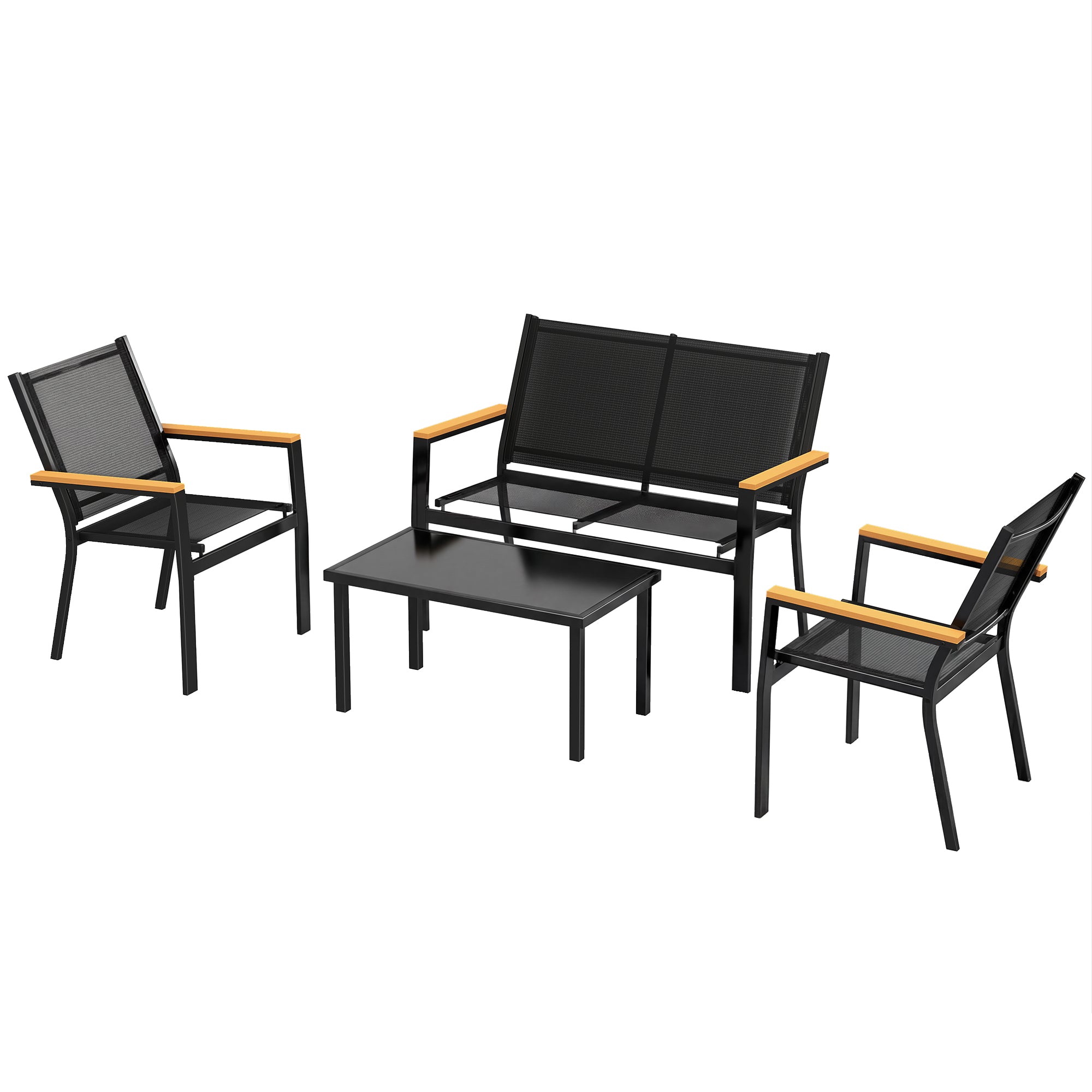 4-Piece Outdoor Patio Furniture Set — 2-Seat Sofa, 2 Armchairs & Tempered Glass Coffee Table, Textilene Fabric, Wide Composite Wood-Look Armrests, Black