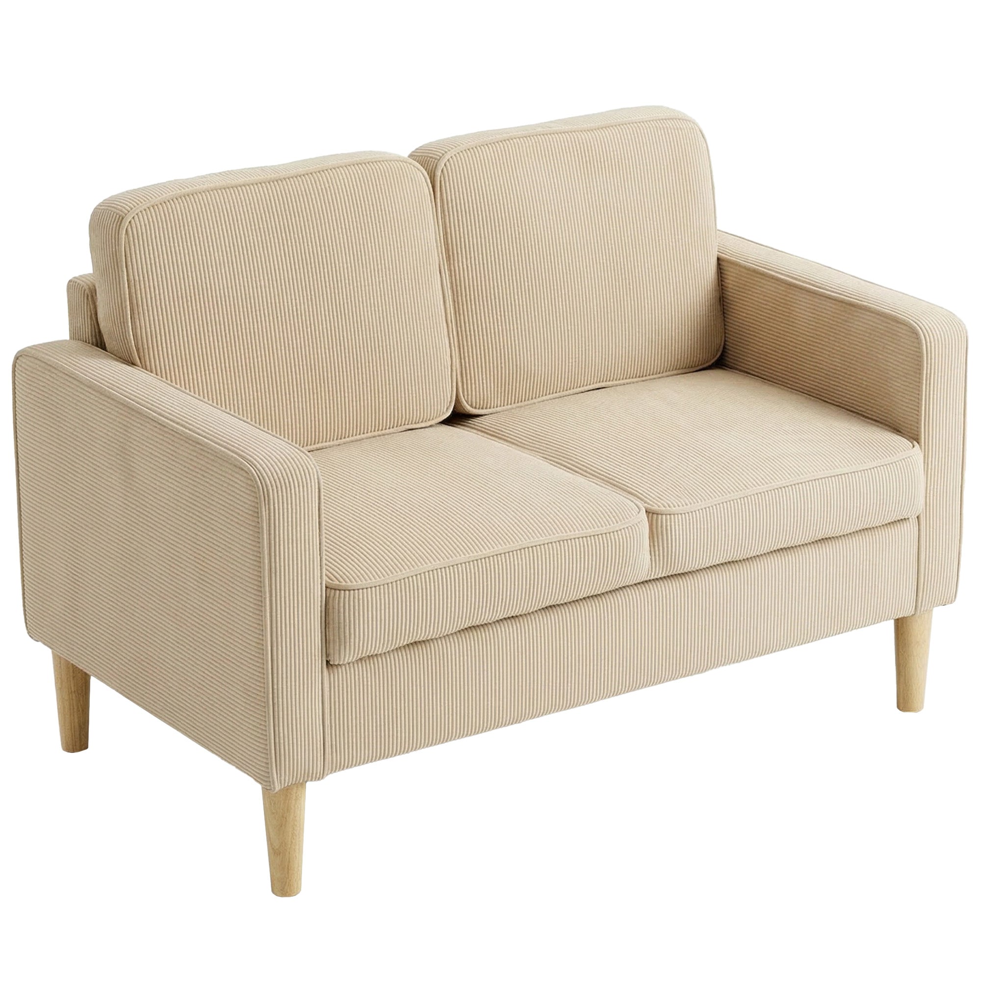 2-Seater Corduroy Loveseat with Under-Seat Storage & 2 Throw Pillows, Solid Wood Legs — Beige (46.1" x 24.8" x 31.1")