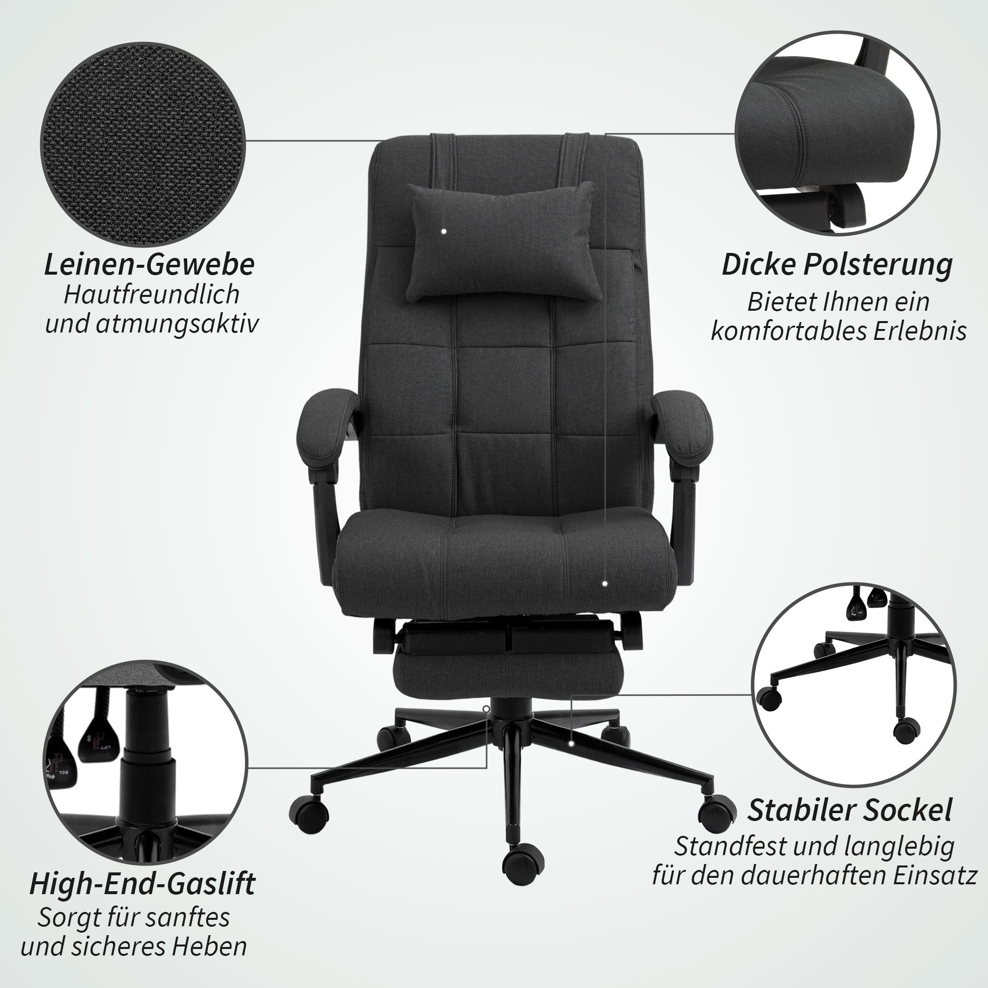 Office Chair Ergonomic Desk Chair with Reclining Function, Headrest, Armrest, Height Adjustable Swivel Chair with Footrest Linen Look Black