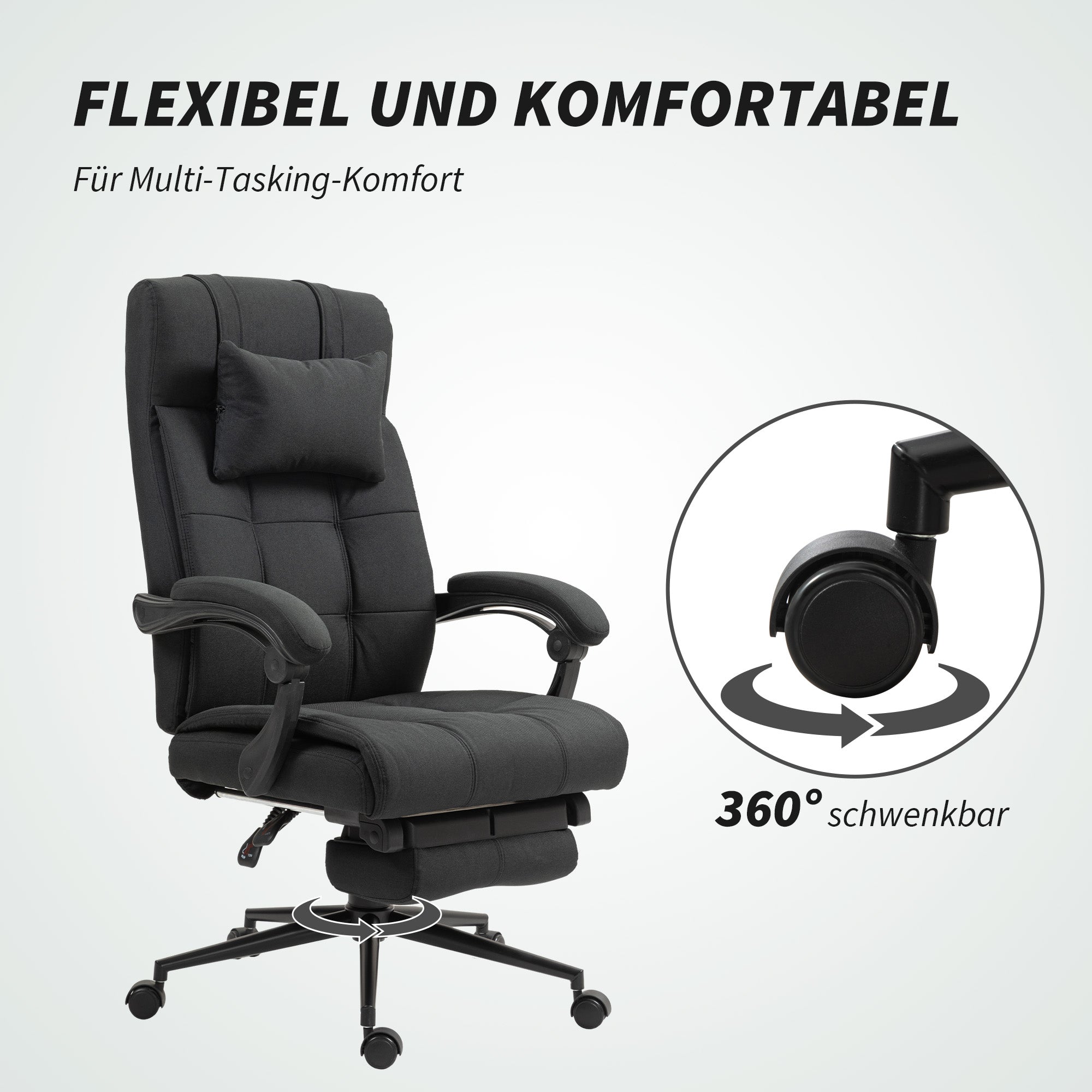 Office Chair Ergonomic Desk Chair with Reclining Function, Headrest, Armrest, Height Adjustable Swivel Chair with Footrest Linen Look Black