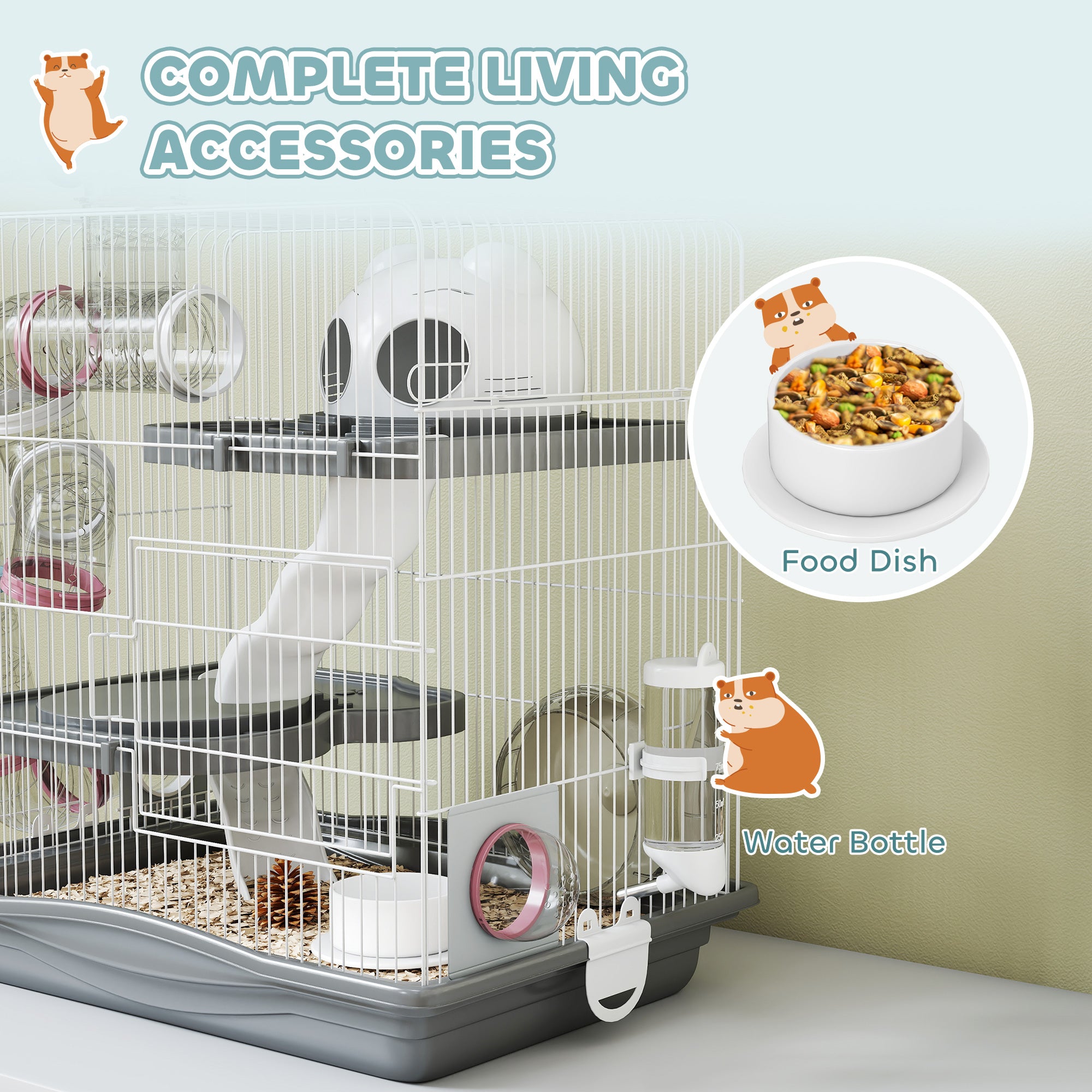 3-Level Hamster Cage with 14 Tubes, House, Ramp, Bowls, Water Bottle & Drip Tray — Metal & Plastic, 45 x 30 x 45 cm (17.7 x 11.8 x 17.7 in), Grey