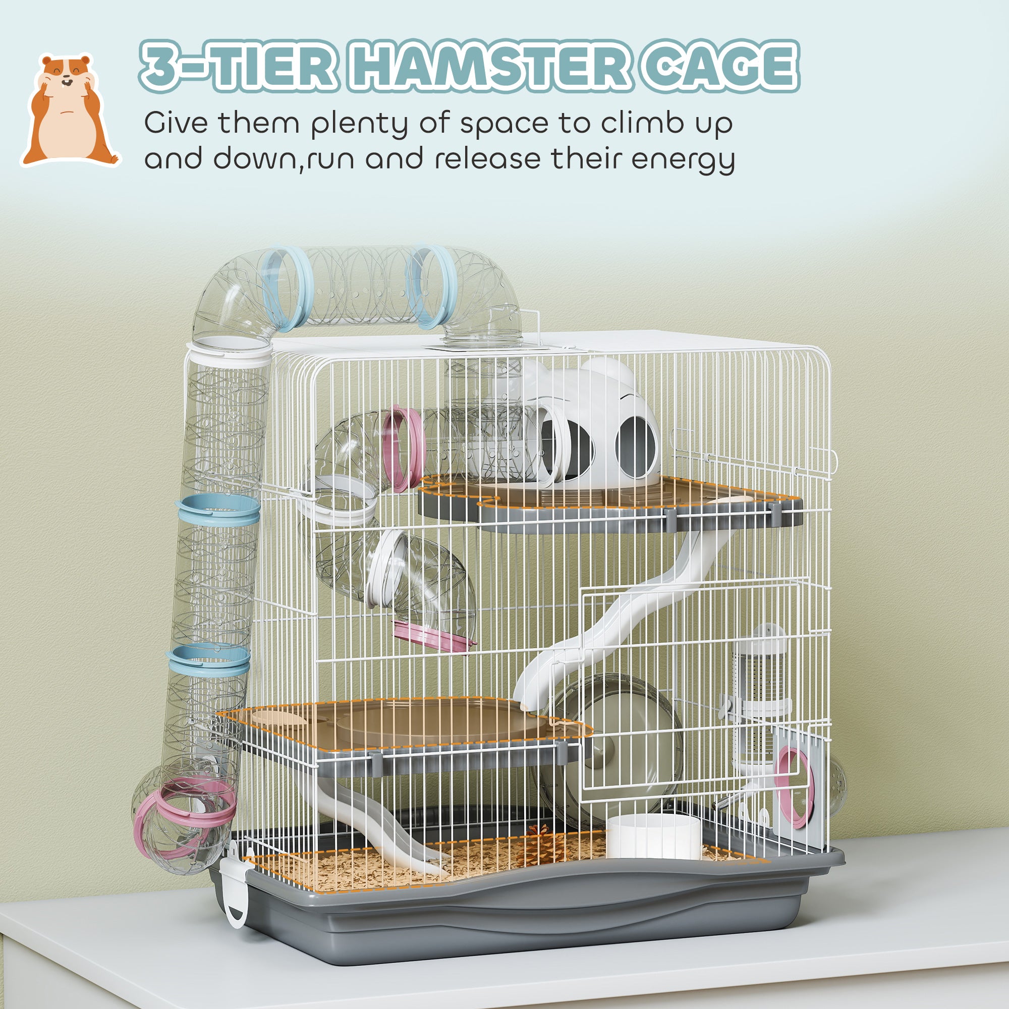 3-Level Hamster Cage with 14 Tubes, House, Ramp, Bowls, Water Bottle & Drip Tray — Metal & Plastic, 45 x 30 x 45 cm (17.7 x 11.8 x 17.7 in), Grey