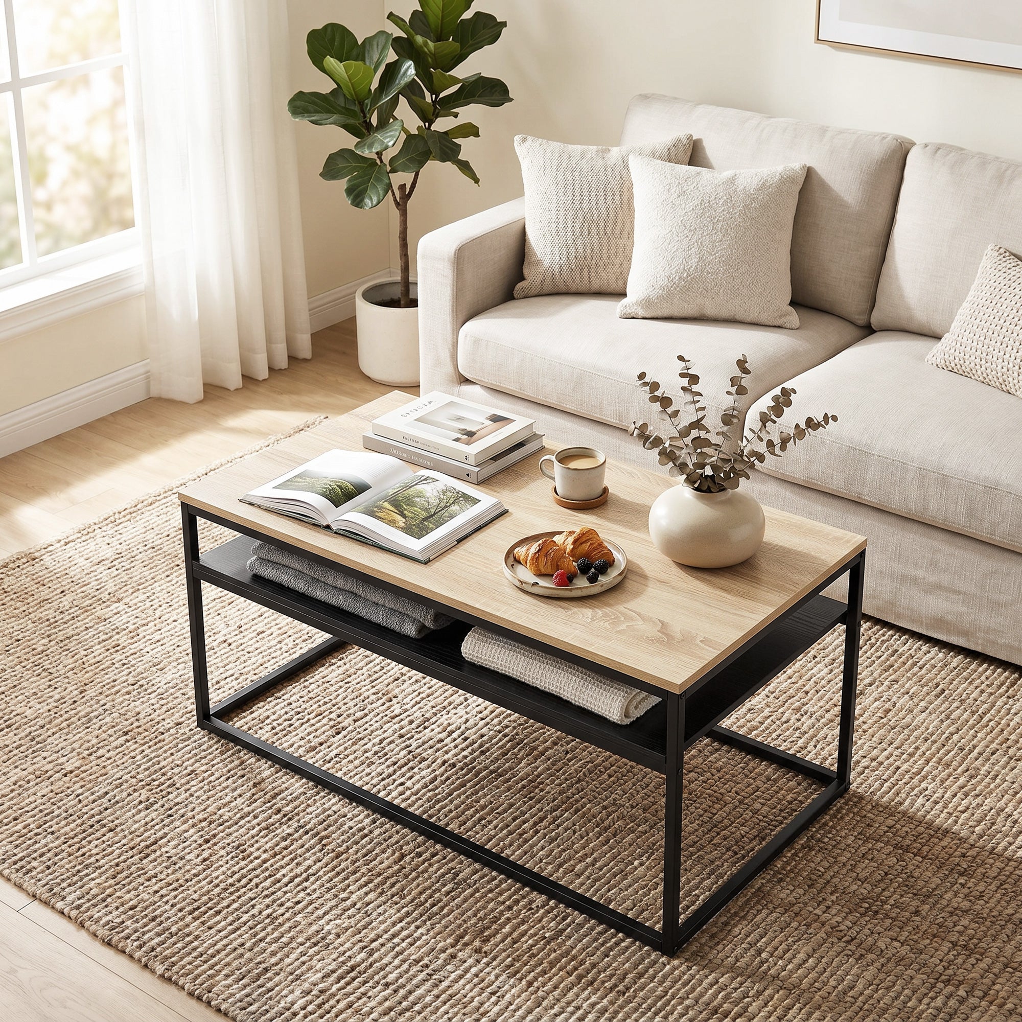 Coffee Table with Shelf, Modern Industrial Side Table for Living Room or Bedroom, 39.4 x 23.6 x 18.5 in (100 x 59.8 x 47 cm), Oak