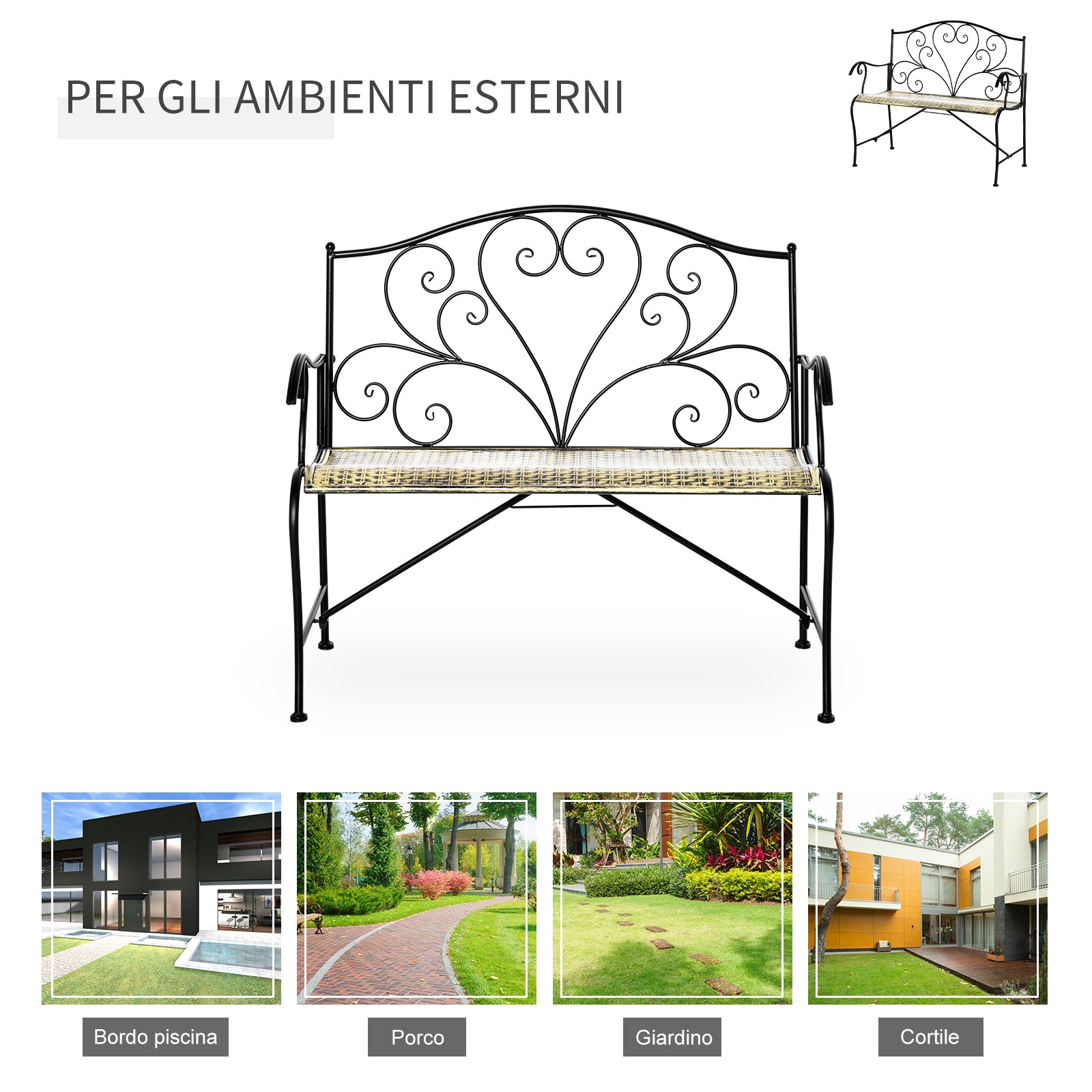 Vintage Style Iron Garden Bench, 2-Seater Outdoor Bench, 100x50x88cm, Black