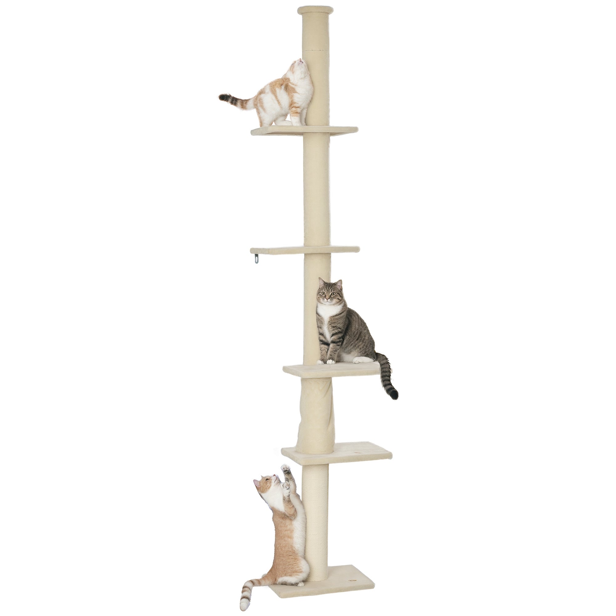 Floor to Ceiling Cat Tree, Cat Scratching Post, 225-275 cm Cat Tree with Platforms, Cat Furniture with Anti-Tip Protection, Cream White