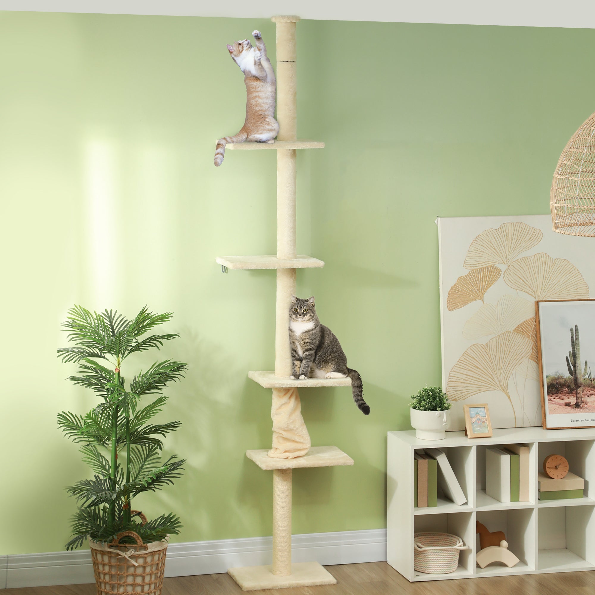 Floor to Ceiling Cat Tree, Cat Scratching Post, 225-275 cm Cat Tree with Platforms, Cat Furniture with Anti-Tip Protection, Cream White