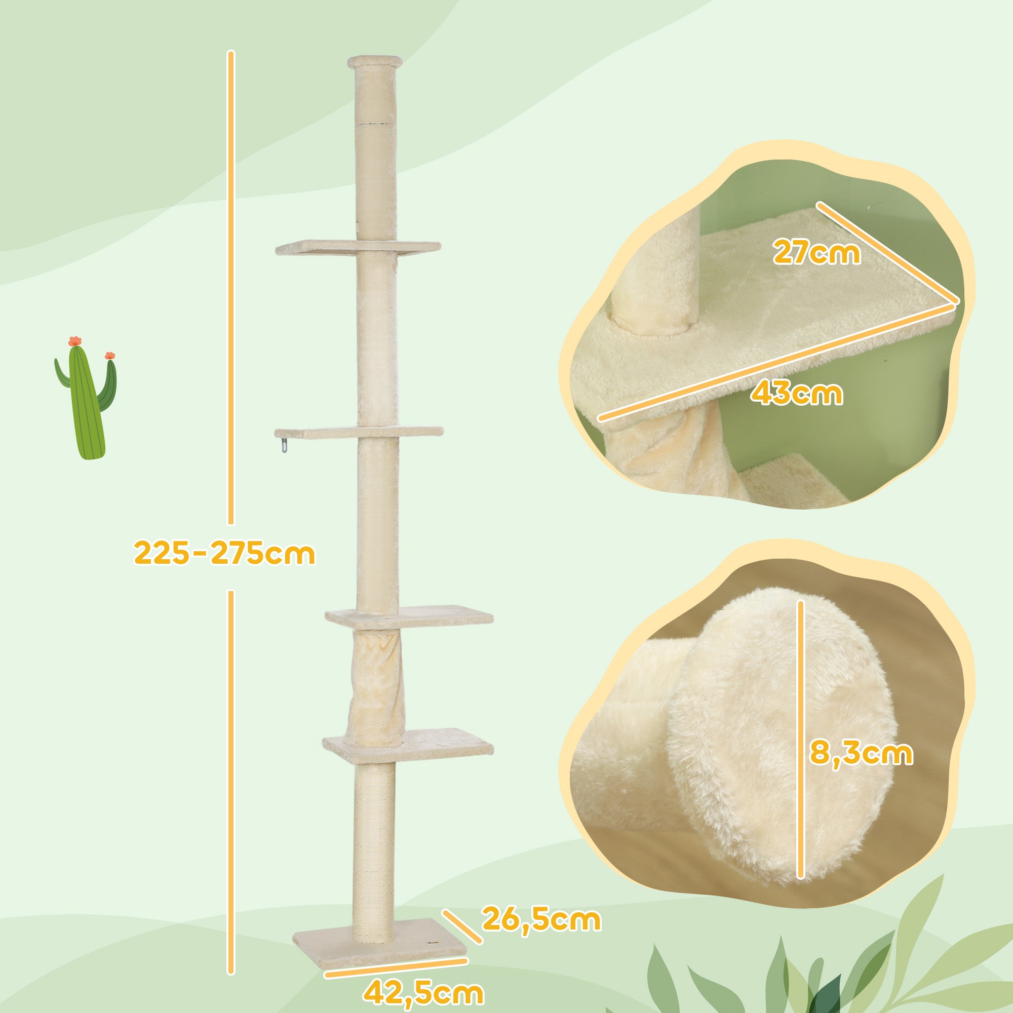 Floor to Ceiling Cat Tree, Cat Scratching Post, 225-275 cm Cat Tree with Platforms, Cat Furniture with Anti-Tip Protection, Cream White