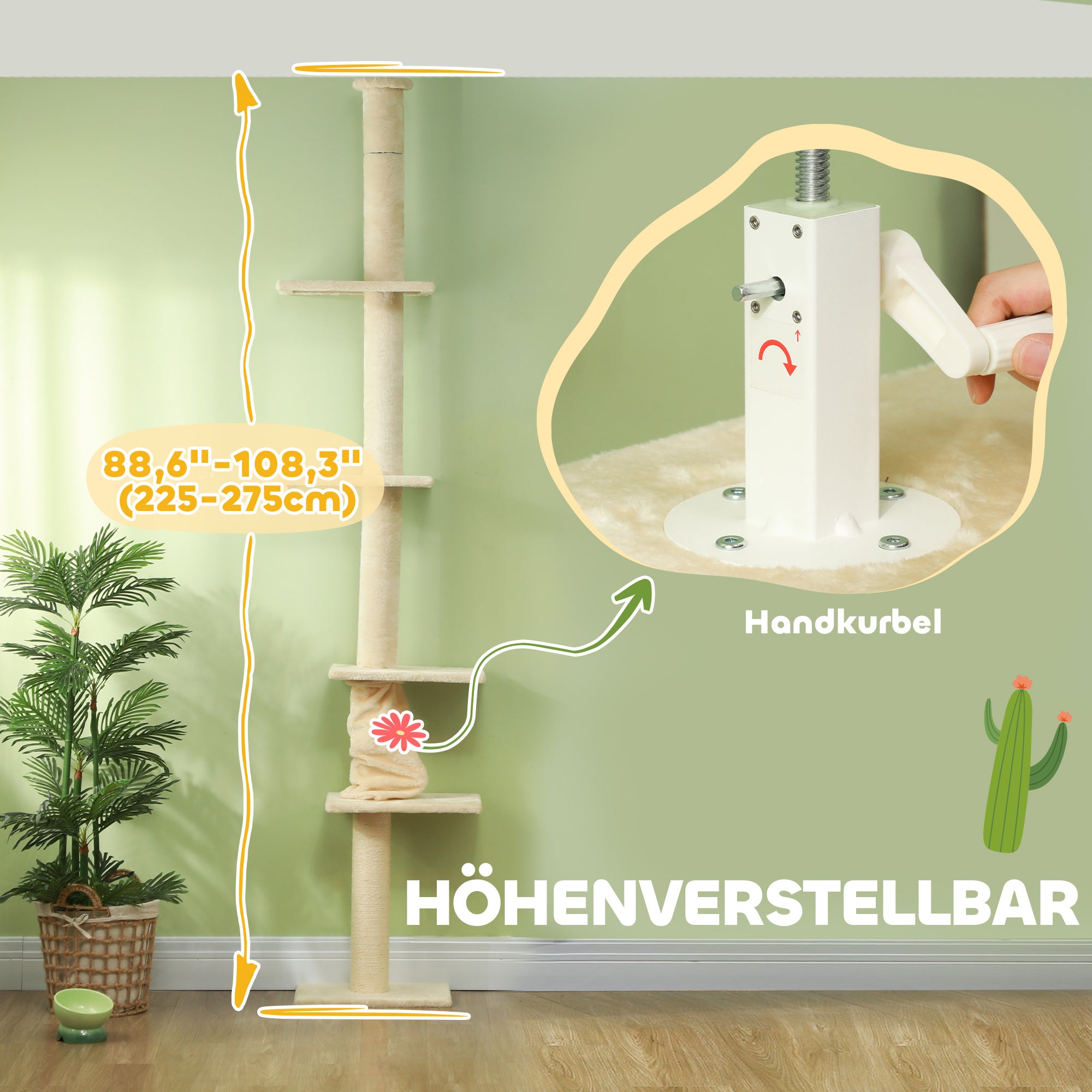 Floor to Ceiling Cat Tree, Cat Scratching Post, 225-275 cm Cat Tree with Platforms, Cat Furniture with Anti-Tip Protection, Cream White