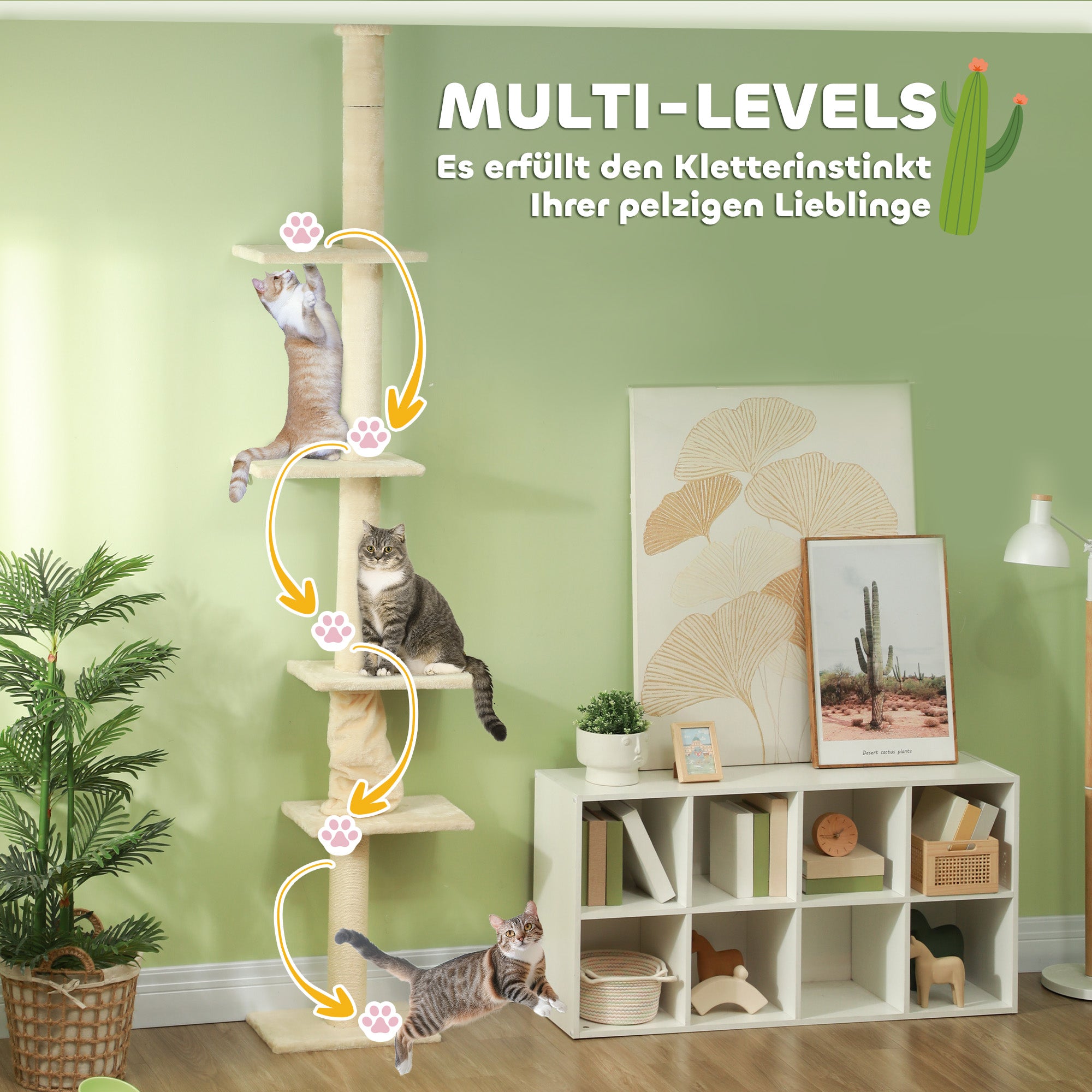 Floor to Ceiling Cat Tree, Cat Scratching Post, 225-275 cm Cat Tree with Platforms, Cat Furniture with Anti-Tip Protection, Cream White