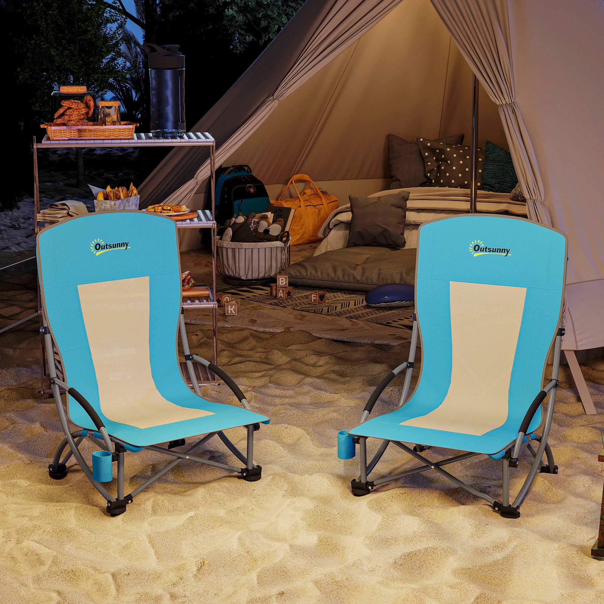 2 Piece Folding Camping Chairs with Drink Holder Mesh Backrest Carry Bag Foldable Chair Foldable Fishing Chair Outdoor Fishing Armchair up to 120 kg Garden Chair for Garden Beach