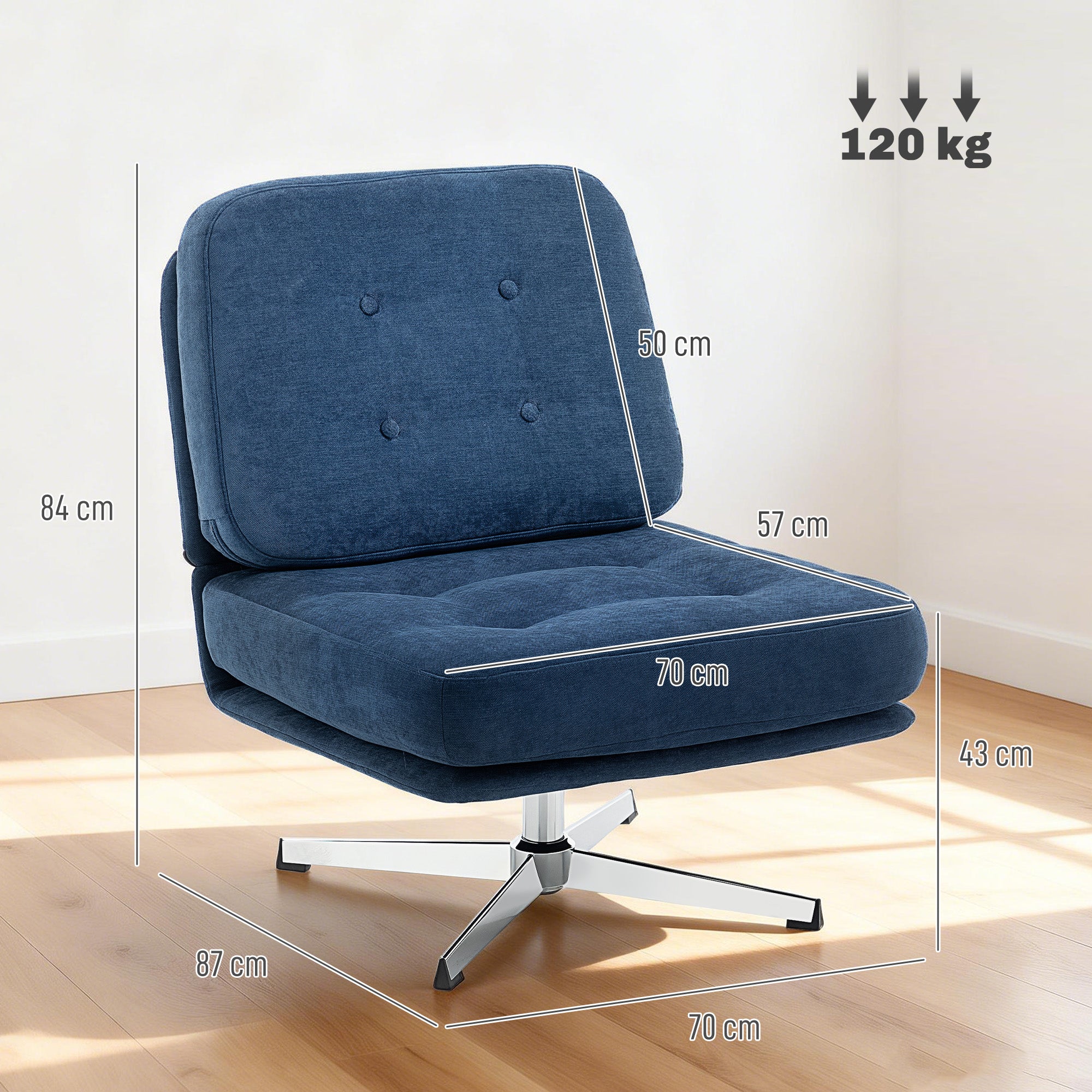 Chenille Swivel Lounge Chair, Extra-Wide Accent Armchair with Metal Legs, Modern Upholstered Chair for Living Room & Bedroom — Dark Blue