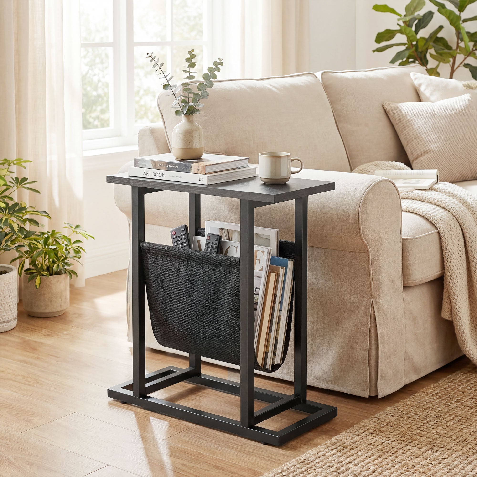 Side Table/Nightstand with Fabric Pocket, Steel Frame End Table for Living Room & Bedroom, 19.3 x 7.5 x 21.7 in, Black