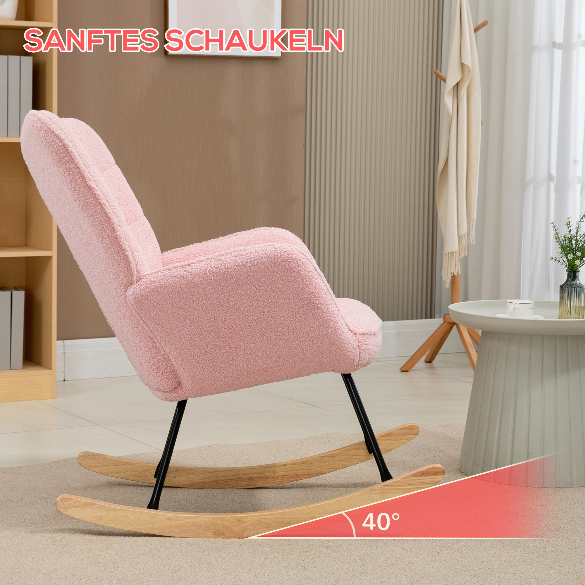 Schaukelstuhl, Schaukelsessel mit Berbervliesoptik, Armlehne, Gepolsterter Sessel mit Holzkufen, Relaxsessel für Wohnzimmer, Schlafzimmer, bis 120kg belastbar, Rosa