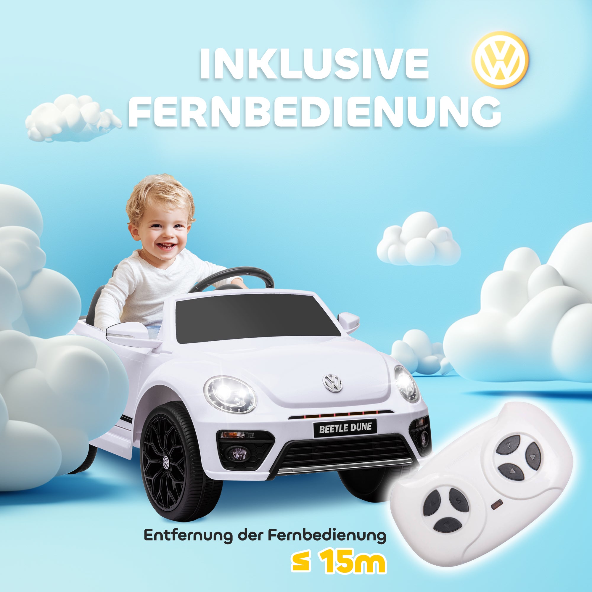 Kids Electric Car 12V Volkswagen Beetle Children's Car with 2.4G Remote Control, Music, Horn, Electric Vehicle with LED Lights, USB/MP3 Connection, 3-5 km/h, for Children 3-5 Years, White