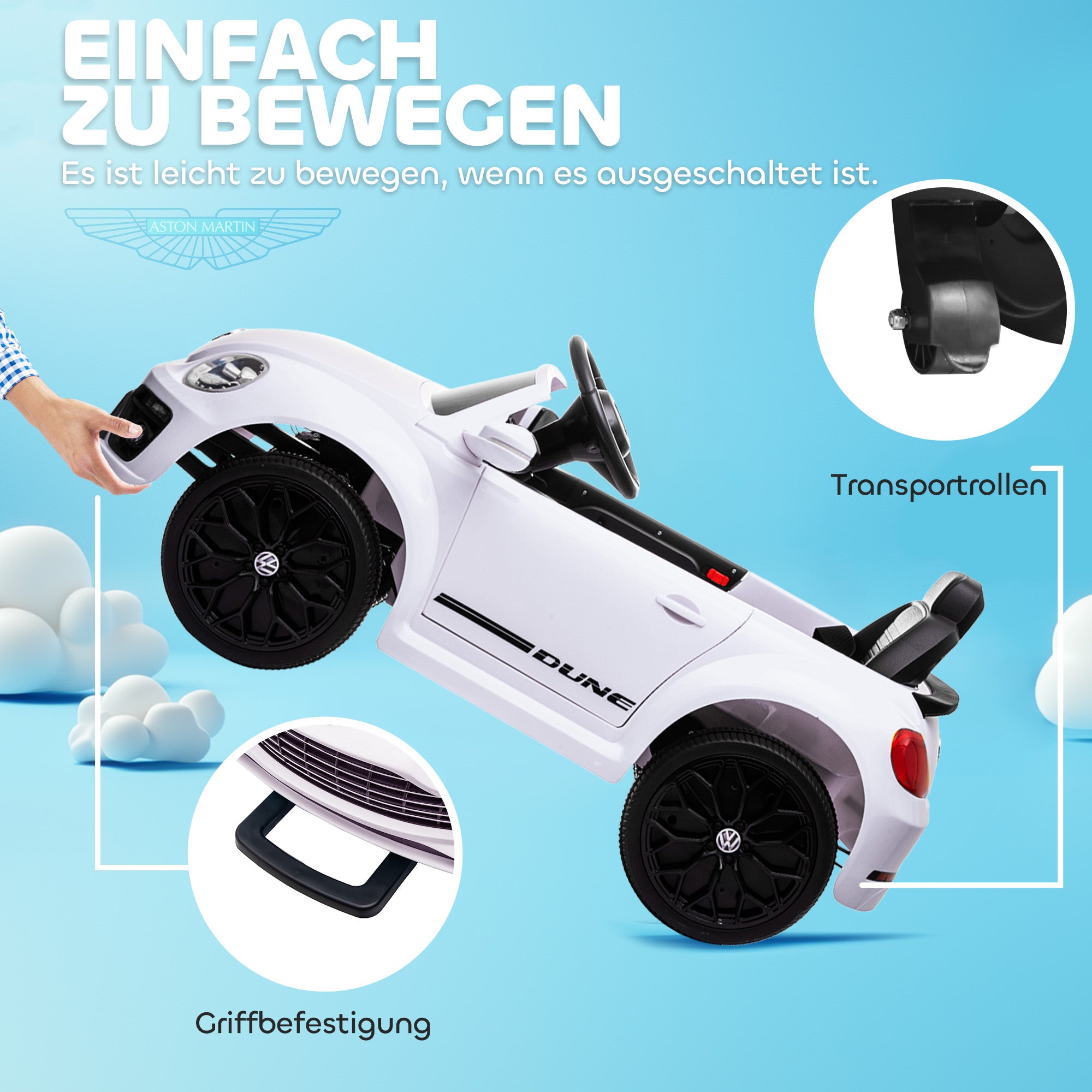 Kids Electric Car 12V Volkswagen Beetle Children's Car with 2.4G Remote Control, Music, Horn, Electric Vehicle with LED Lights, USB/MP3 Connection, 3-5 km/h, for Children 3-5 Years, White