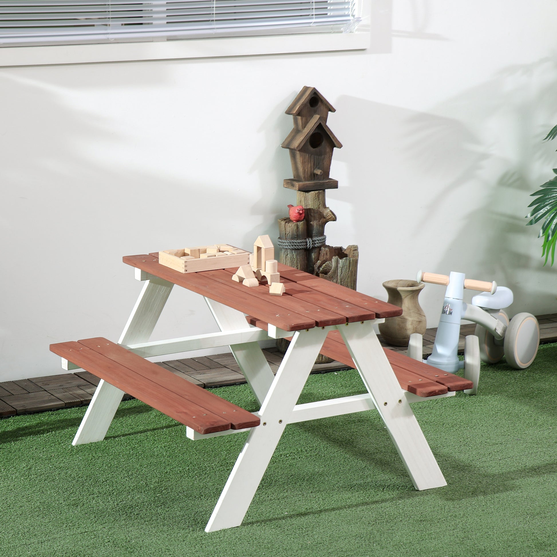 Children's Wooden Picnic Table Set with 2 Benches for Kids 3-8 Years Old for Garden Patio Terrace 89x79x50 cm Brown