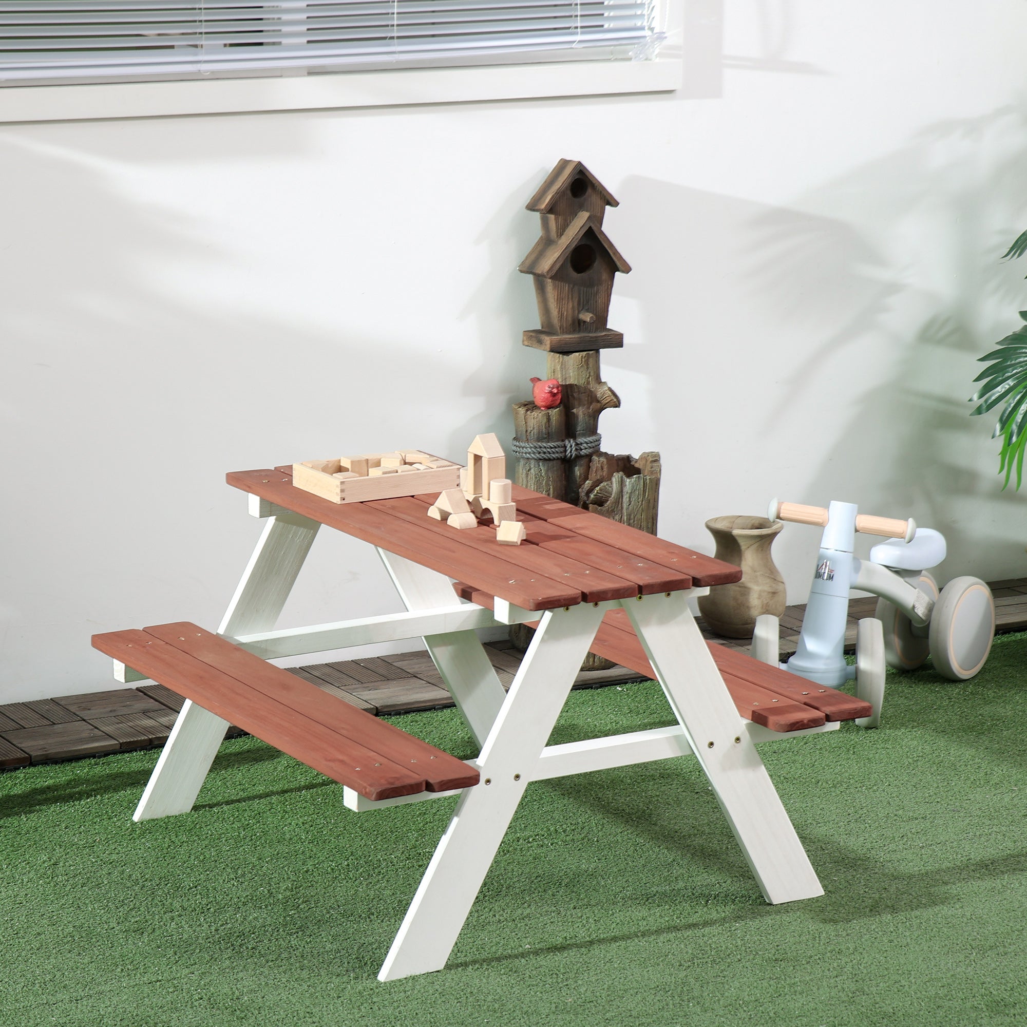 Children's Wooden Picnic Table Set with 2 Benches for Kids 3-8 Years Old for Garden Patio Terrace 89x79x50 cm Brown