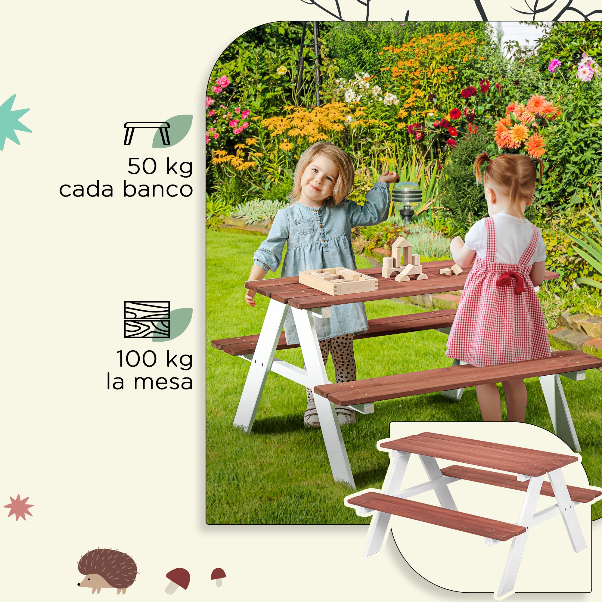 Children's Wooden Picnic Table Set with 2 Benches for Kids 3-8 Years Old for Garden Patio Terrace 89x79x50 cm Brown