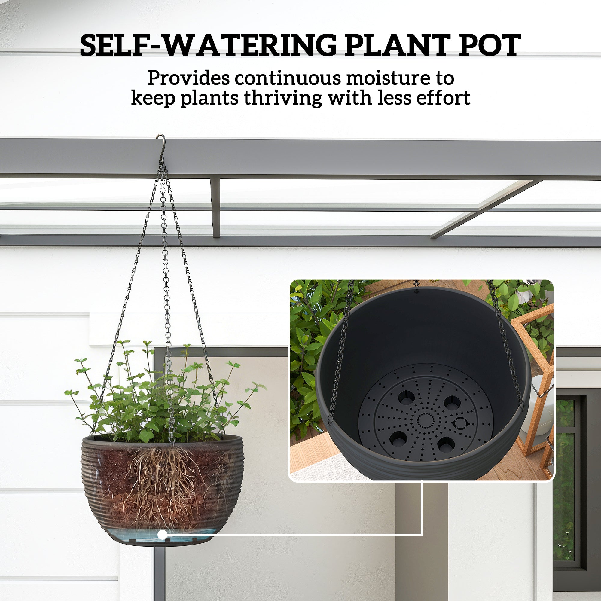 4-Pack Hanging Flower Pots, Round Planters with Drainage Holes and Metal Chains, Self-Watering Plastic Planters for Flowers & Tomatoes, Black