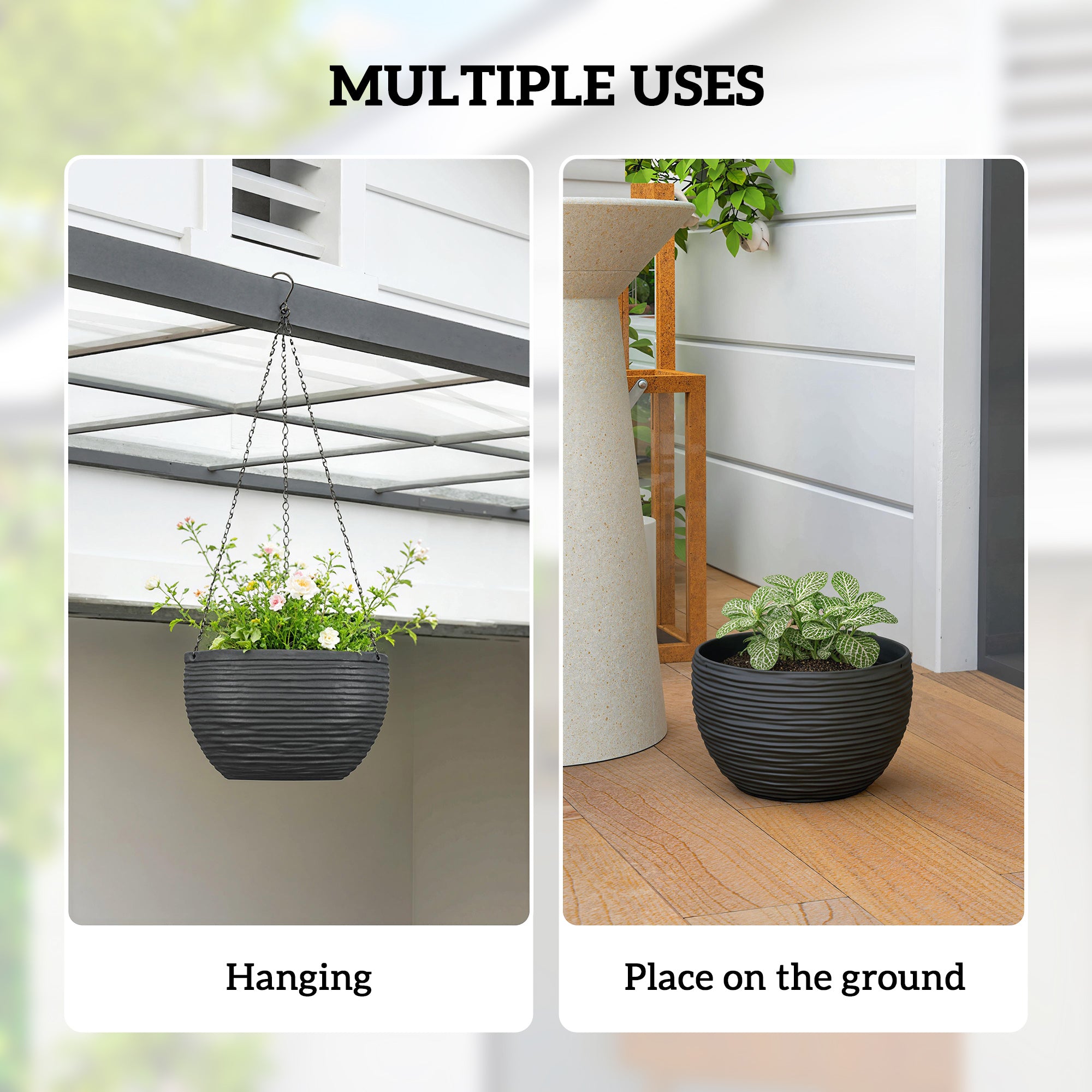 4-Pack Hanging Flower Pots, Round Planters with Drainage Holes and Metal Chains, Self-Watering Plastic Planters for Flowers & Tomatoes, Black