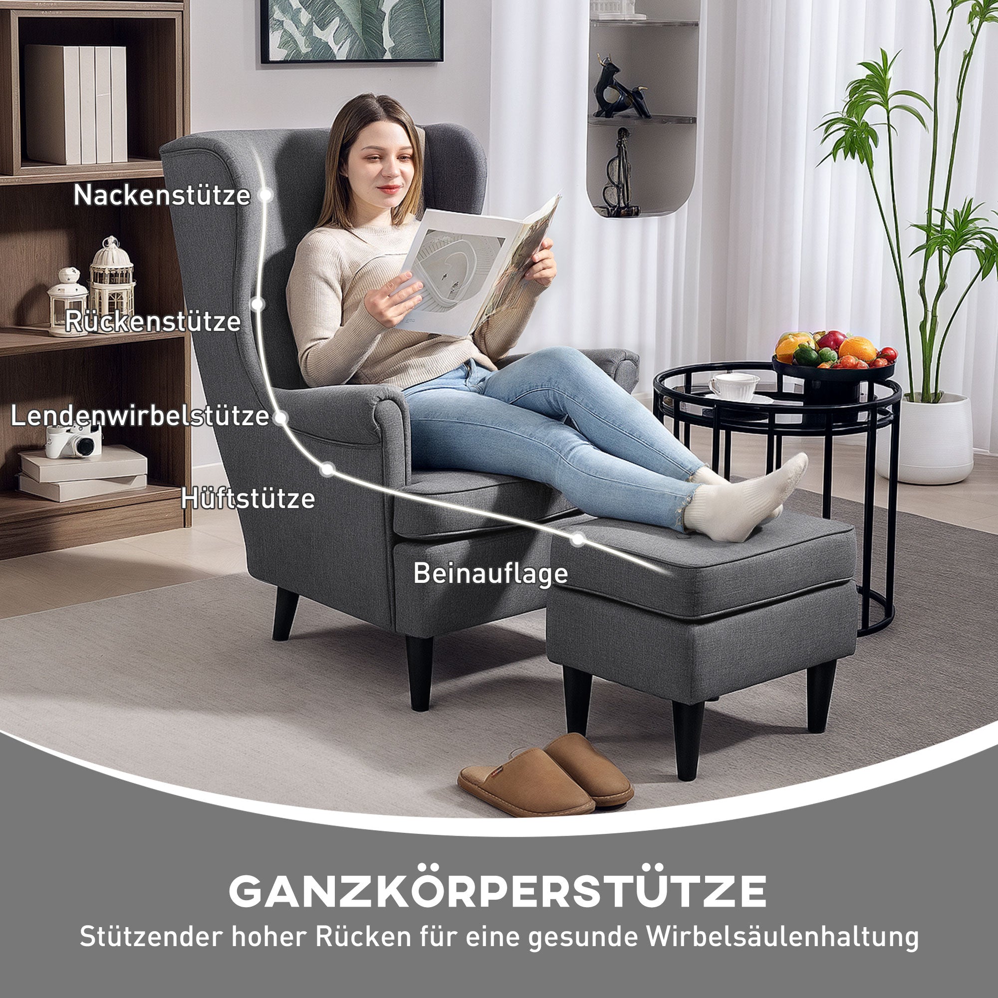 Wingback Chair with Ottoman Lounge Chair Modern Armchair with Linen Look, Lumbar Pillow, Relaxing Chair with Armrest for Living Room Gray