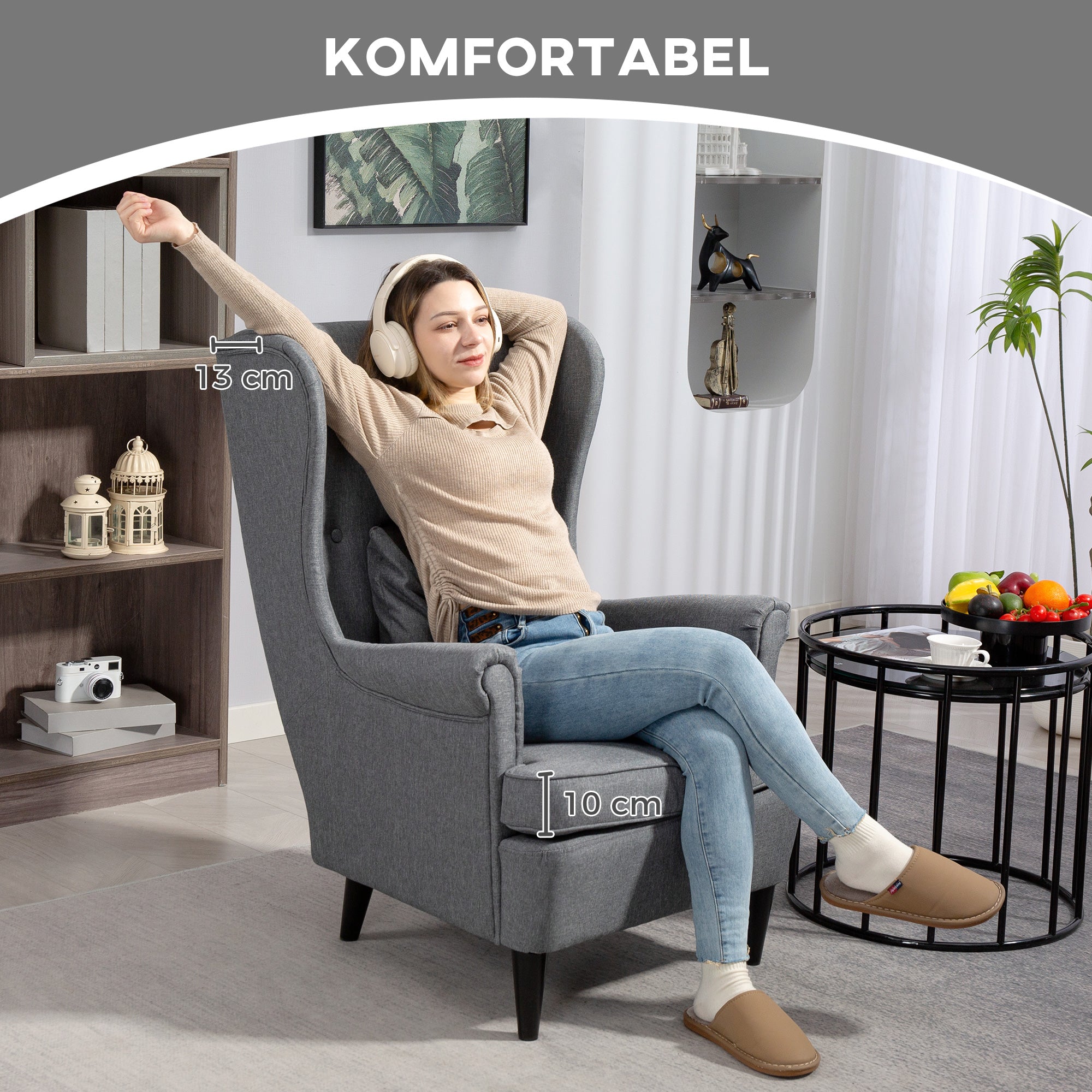 Wingback Chair with Ottoman Lounge Chair Modern Armchair with Linen Look, Lumbar Pillow, Relaxing Chair with Armrest for Living Room Gray