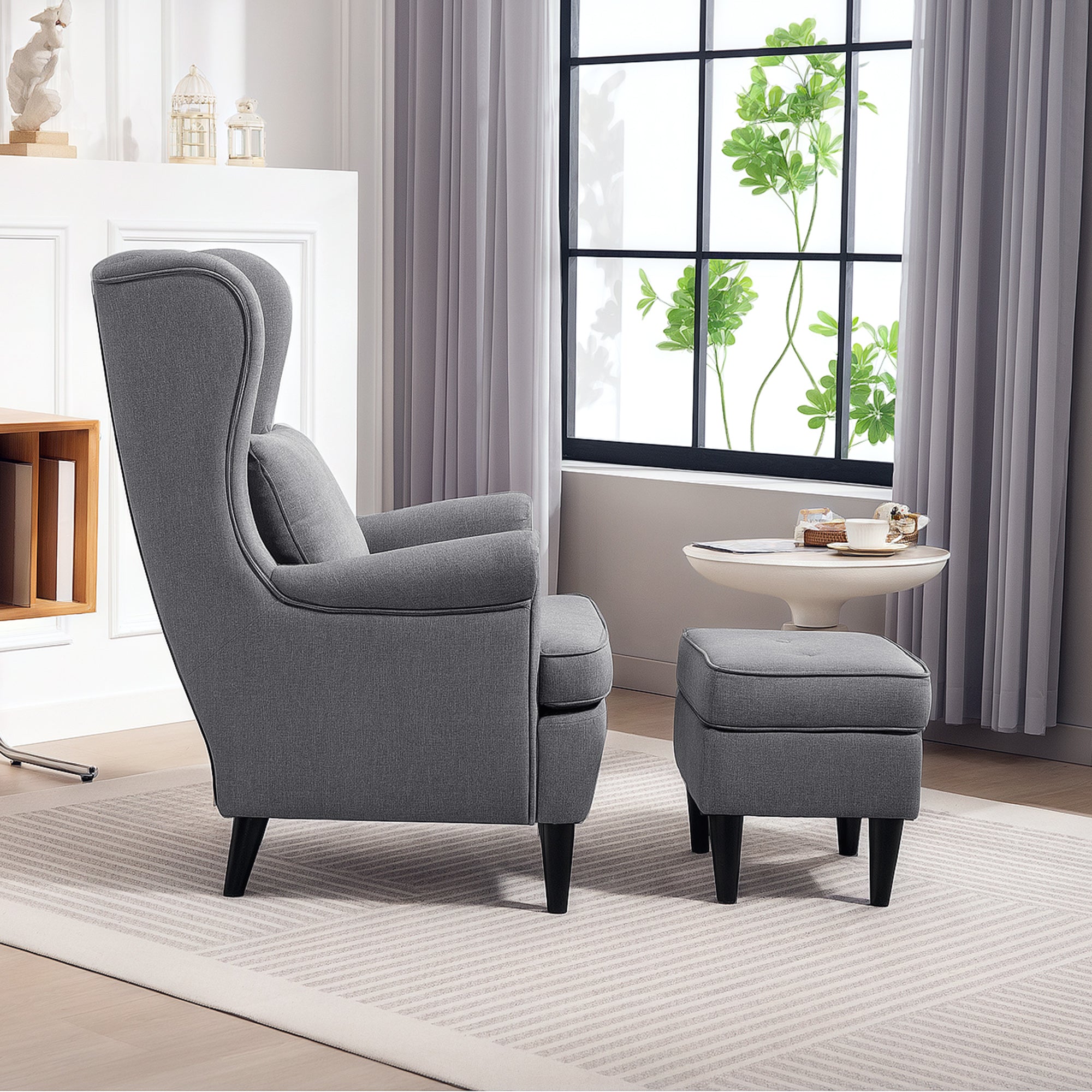 Wingback Chair with Ottoman Lounge Chair Modern Armchair with Linen Look, Lumbar Pillow, Relaxing Chair with Armrest for Living Room Gray