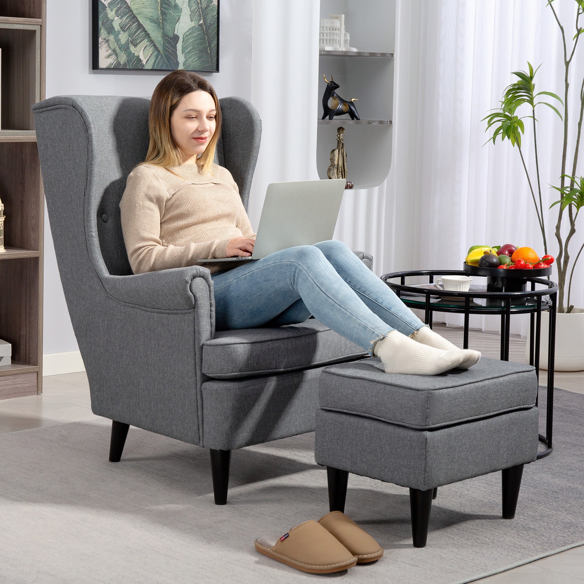 Wingback Chair with Ottoman Lounge Chair Modern Armchair with Linen Look, Lumbar Pillow, Relaxing Chair with Armrest for Living Room Gray
