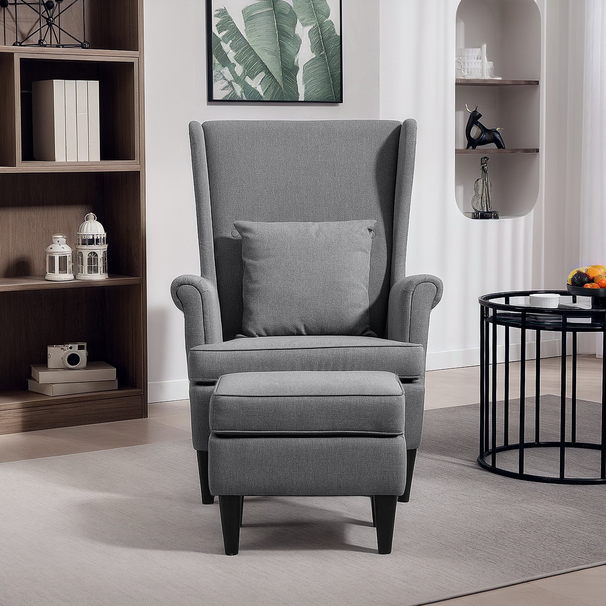 Wingback Chair with Ottoman Lounge Chair Modern Armchair with Linen Look, Lumbar Pillow, Relaxing Chair with Armrest for Living Room Gray