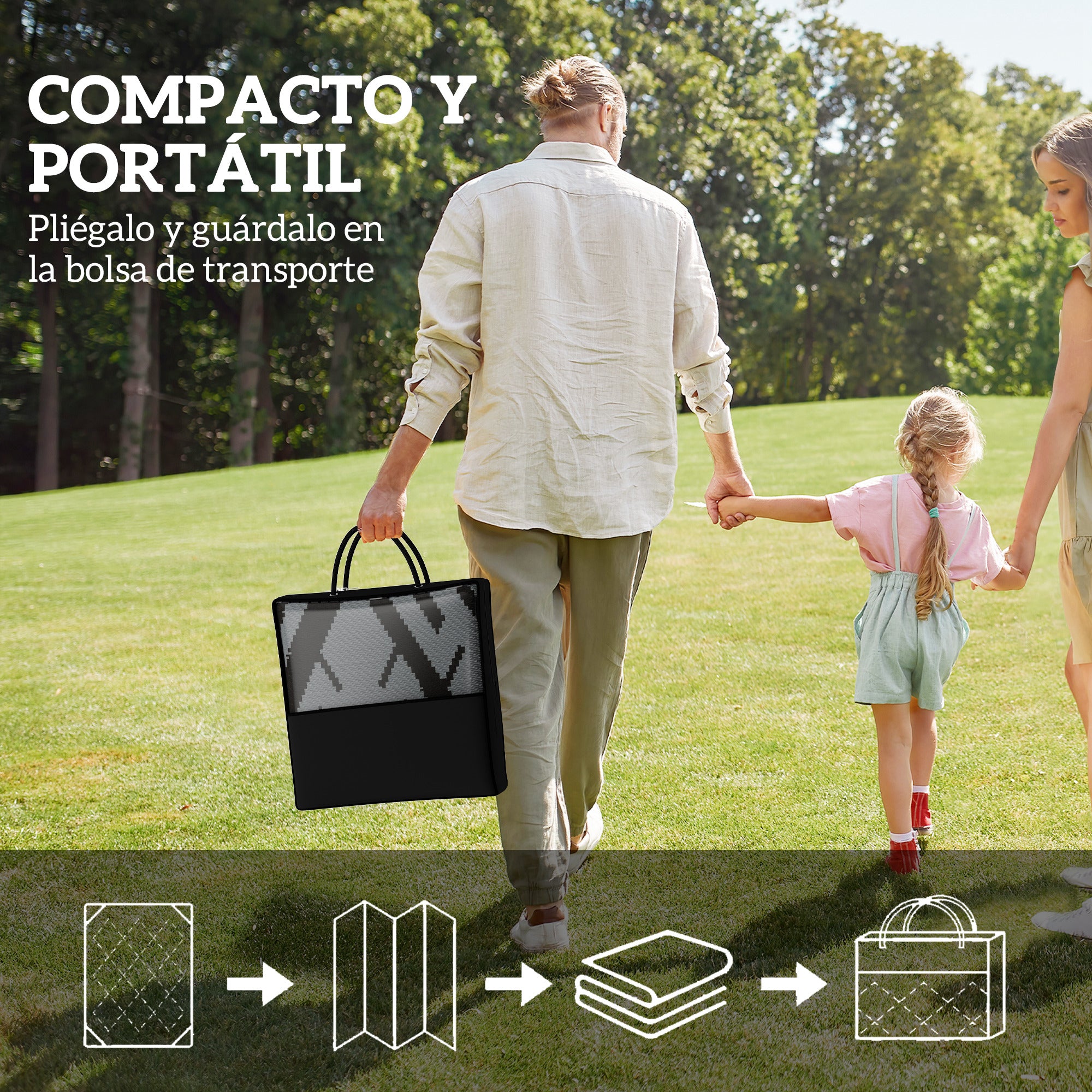 Outdoor Rug 182x274 cm Reversible Rug with Geometric Diamond Pattern Waterproof Carrying Bag for Terrace Balcony Patio Camping Beach Black