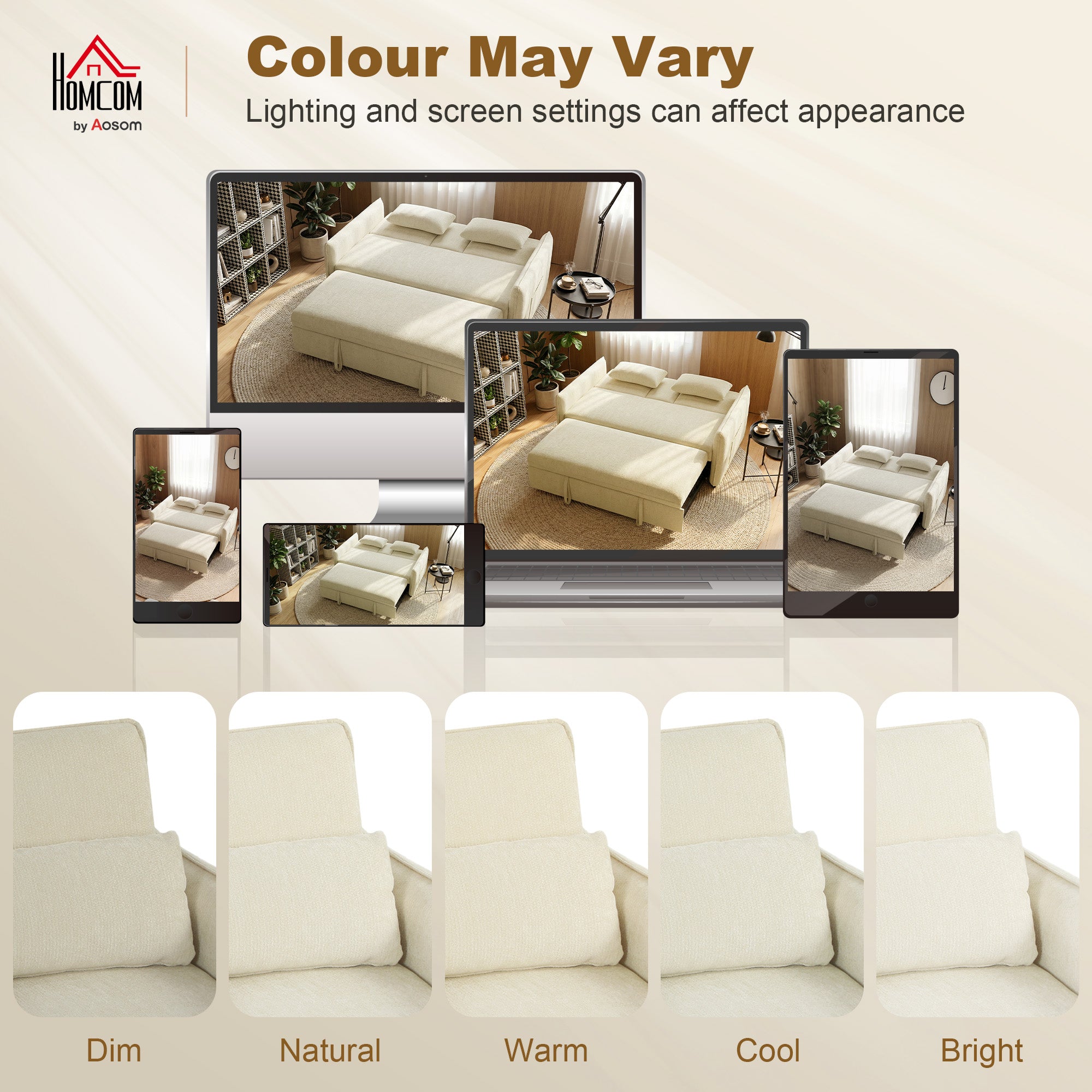 2-Seater 3‑in‑1 Convertible Chenille Sofa Bed with Adjustable Backrest, Cup Holders & Side Pockets — Beige