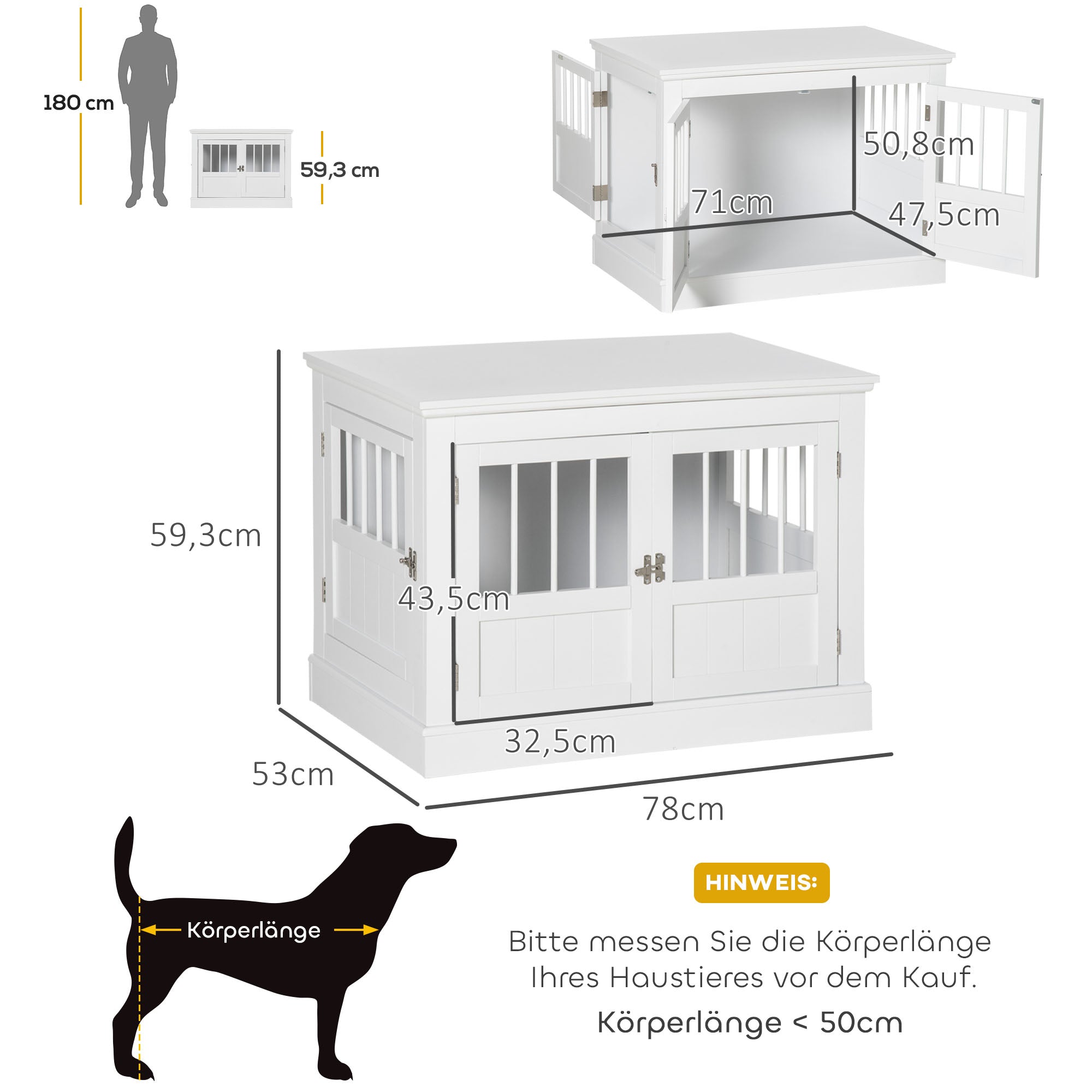 Dog Crate, Furniture with 3 Doors Dog House for Home Indoor, for Small Dogs up to 10 kg, Dog House 78 x 53 x 59.3 cm, White