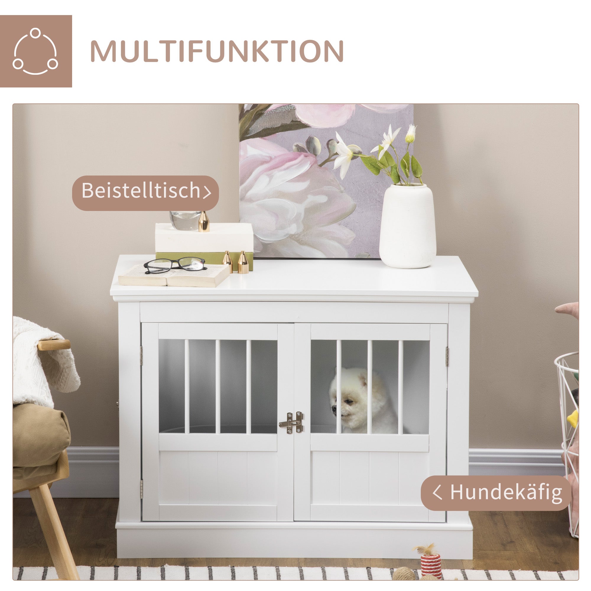 Dog Crate, Furniture with 3 Doors Dog House for Home Indoor, for Small Dogs up to 10 kg, Dog House 78 x 53 x 59.3 cm, White