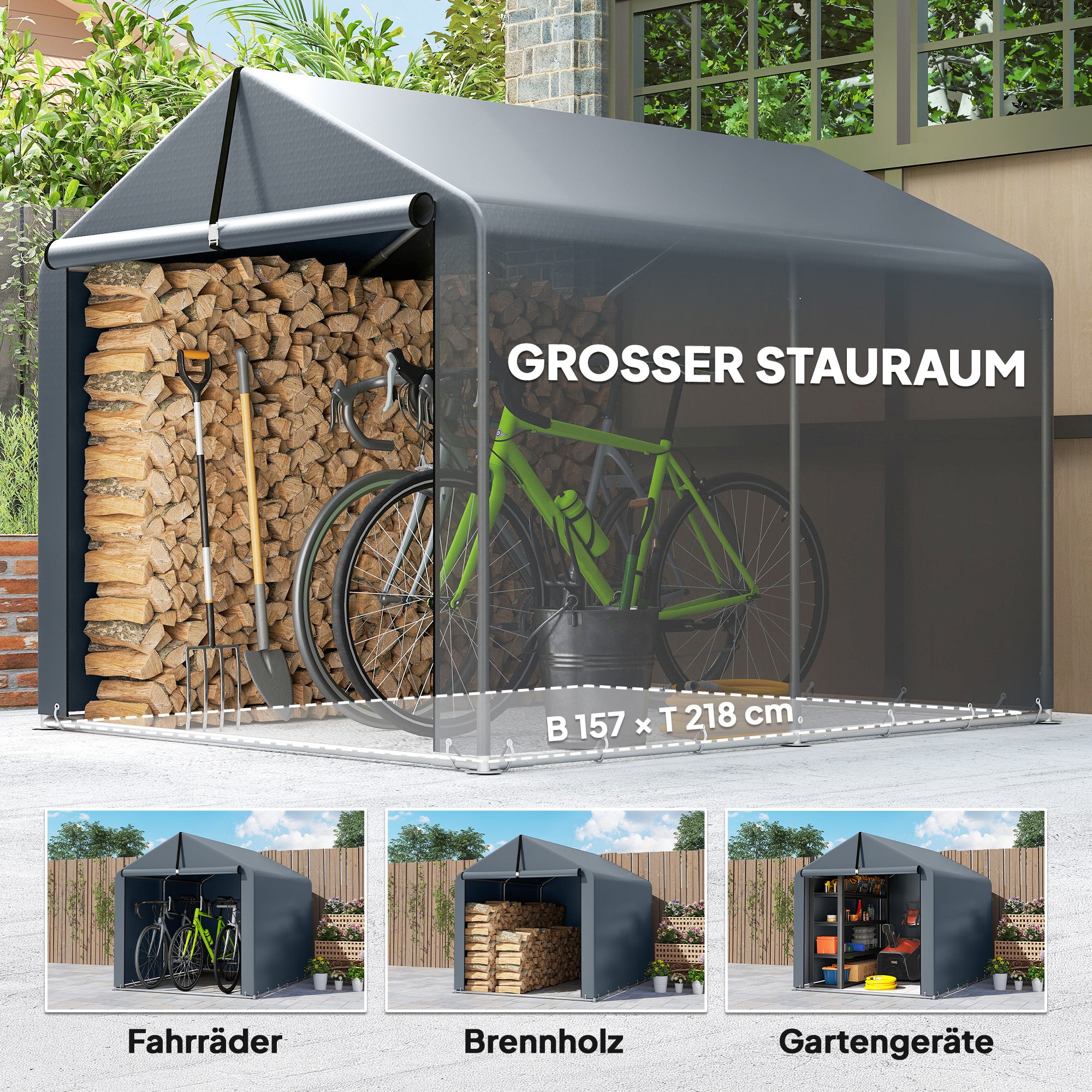 7.2 x 5.2 ft Waterproof Storage Tent with Roll-Up Zipper Door, Gable Roof Steel Frame, UV-Resistant — Dark Gray