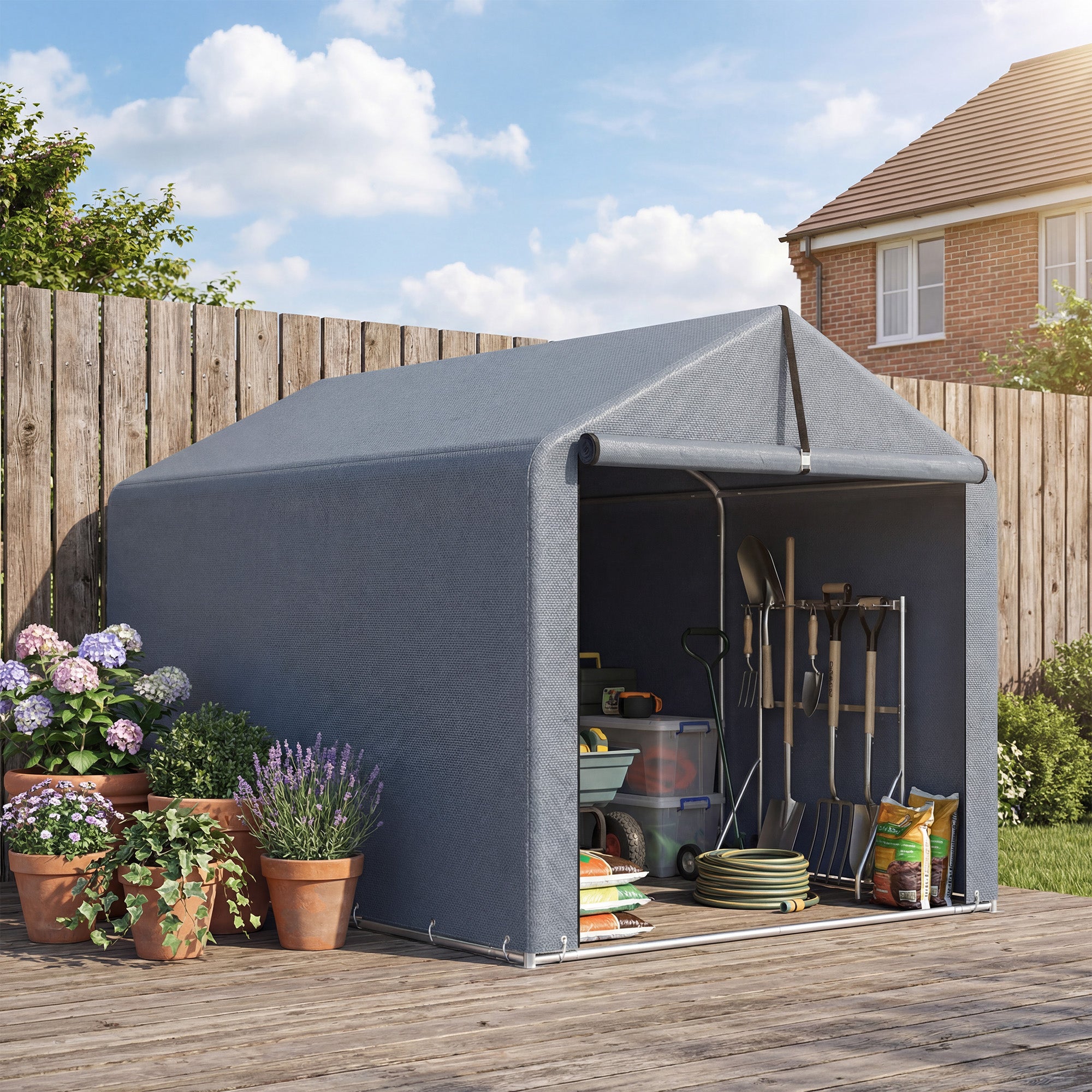 7.2 x 5.2 ft Waterproof Storage Tent with Roll-Up Zipper Door, Gable Roof Steel Frame, UV-Resistant — Dark Gray