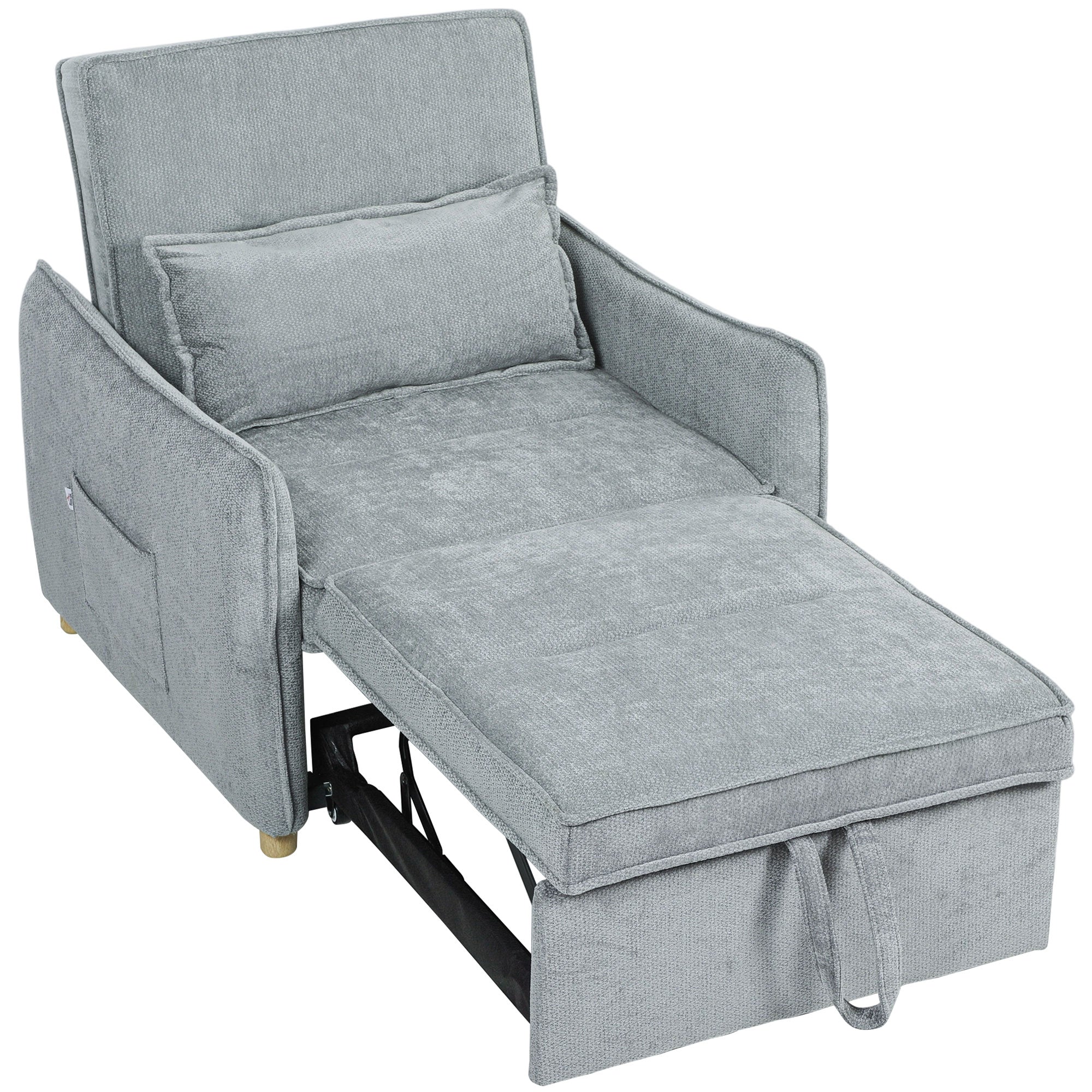 1-Seat 3-in-1 Convertible Armchair — Click-Clack Chenille Sofa Bed, Wide Seat, Adjustable Back, Includes Pillow & Side Pockets, Guest Sofa Bed for Small Spaces, Gray