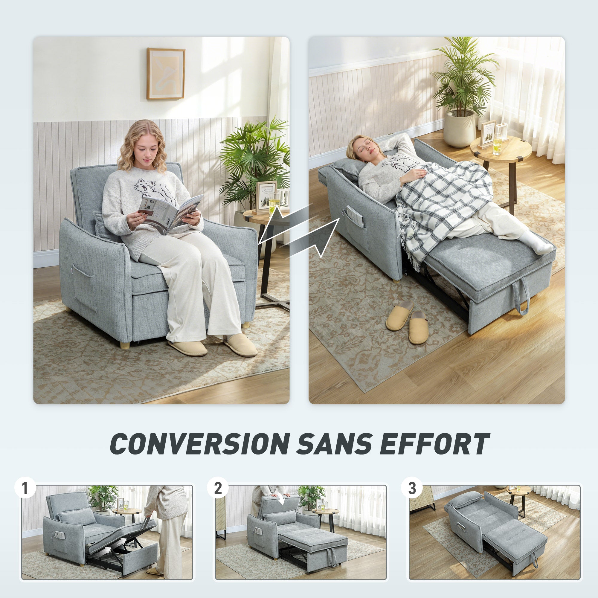 1-Seat 3-in-1 Convertible Armchair — Click-Clack Chenille Sofa Bed, Wide Seat, Adjustable Back, Includes Pillow & Side Pockets, Guest Sofa Bed for Small Spaces, Gray