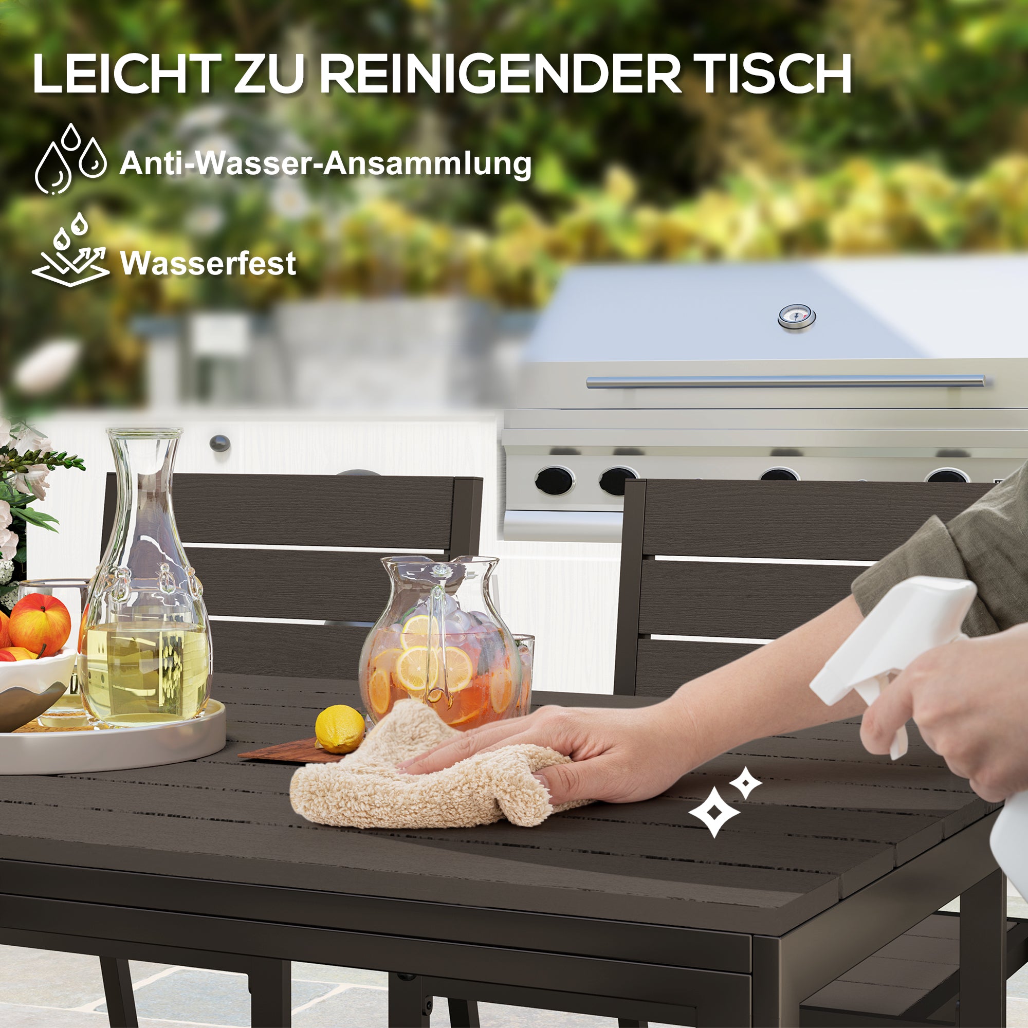 7-piece dining set for 6 persons Dining table with 6 stackable chairs Dining room set with slatted table Kitchen table set Balcony furniture Garden furniture for terrace, balcony Dark Brown