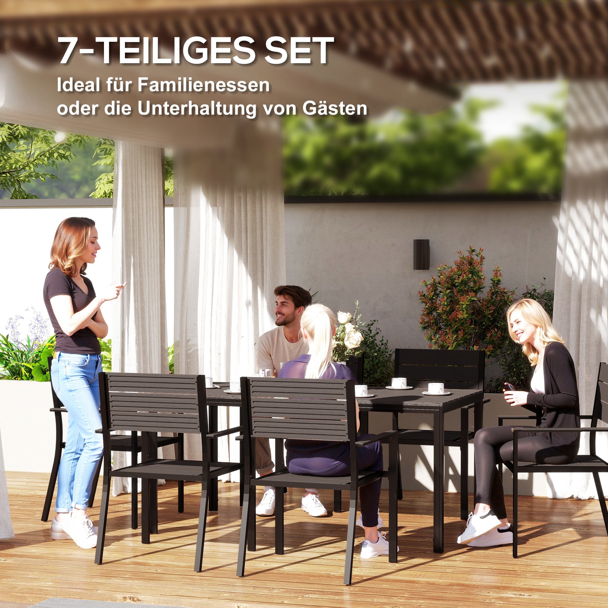 7-piece dining set for 6 persons Dining table with 6 stackable chairs Dining room set with slatted table Kitchen table set Balcony furniture Garden furniture for terrace, balcony Dark Brown
