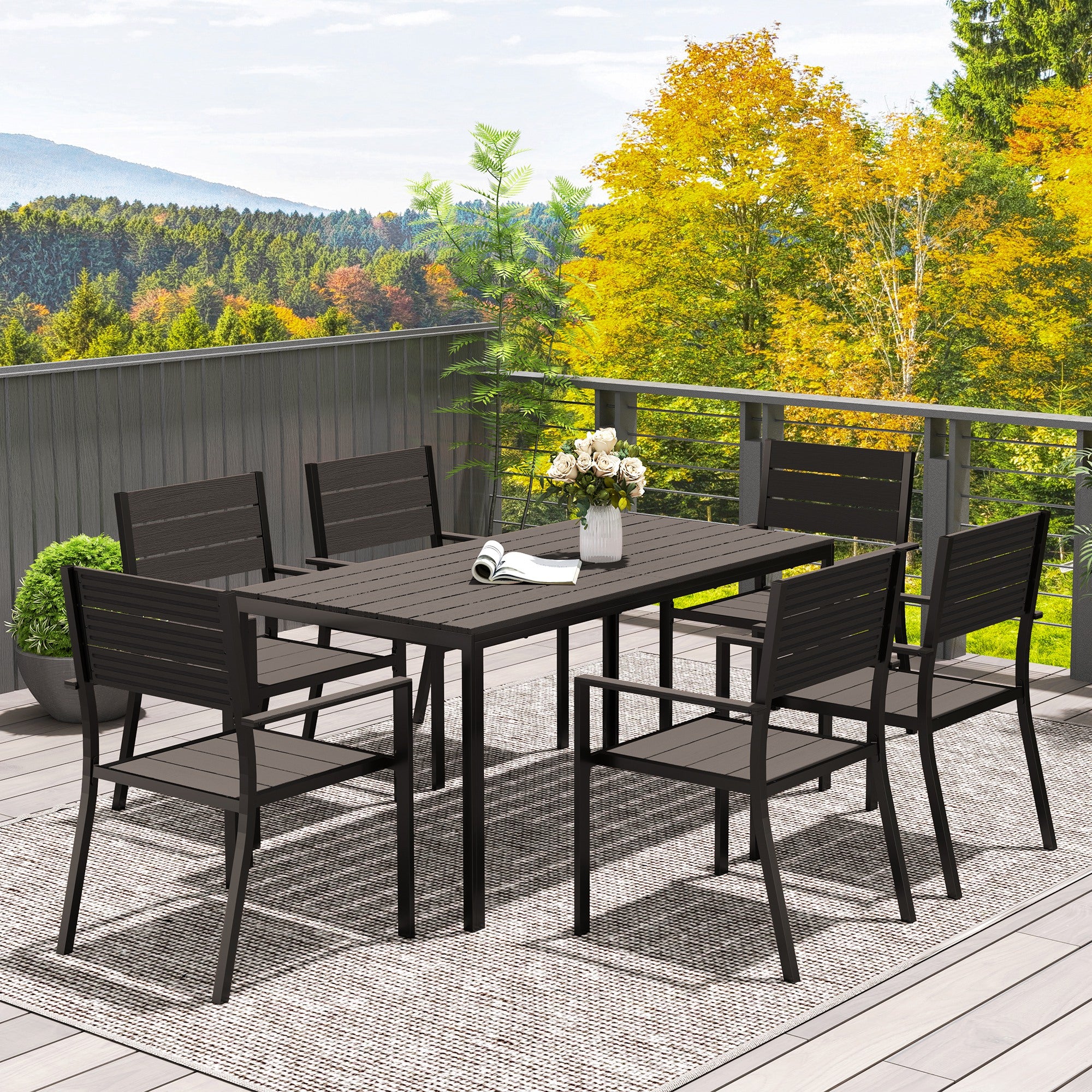 7-piece dining set for 6 persons Dining table with 6 stackable chairs Dining room set with slatted table Kitchen table set Balcony furniture Garden furniture for terrace, balcony Dark Brown